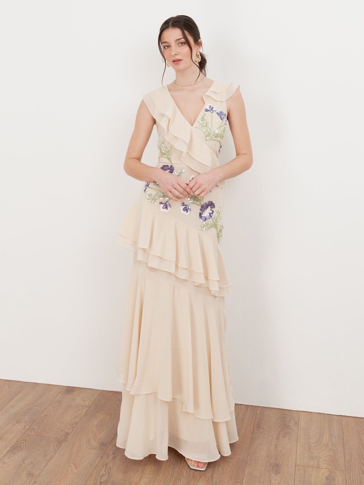 Maya Vanilla Embellished Asymmetric Ruffle Maxi Dress