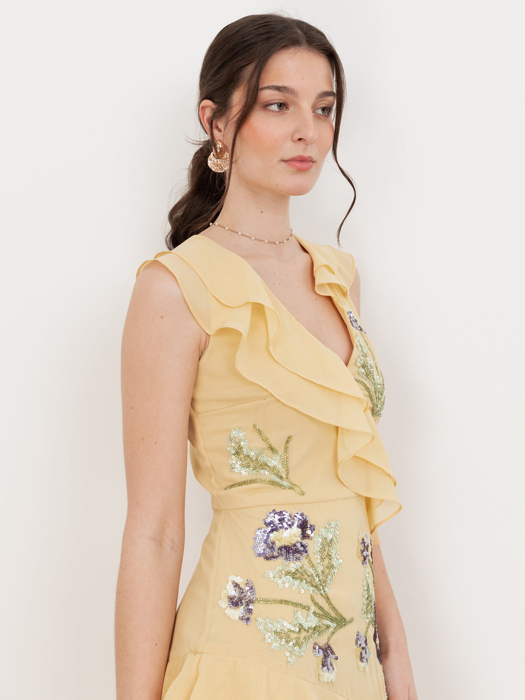 Maya Buttercream Embellished Asymmetric Ruffle Maxi Dress