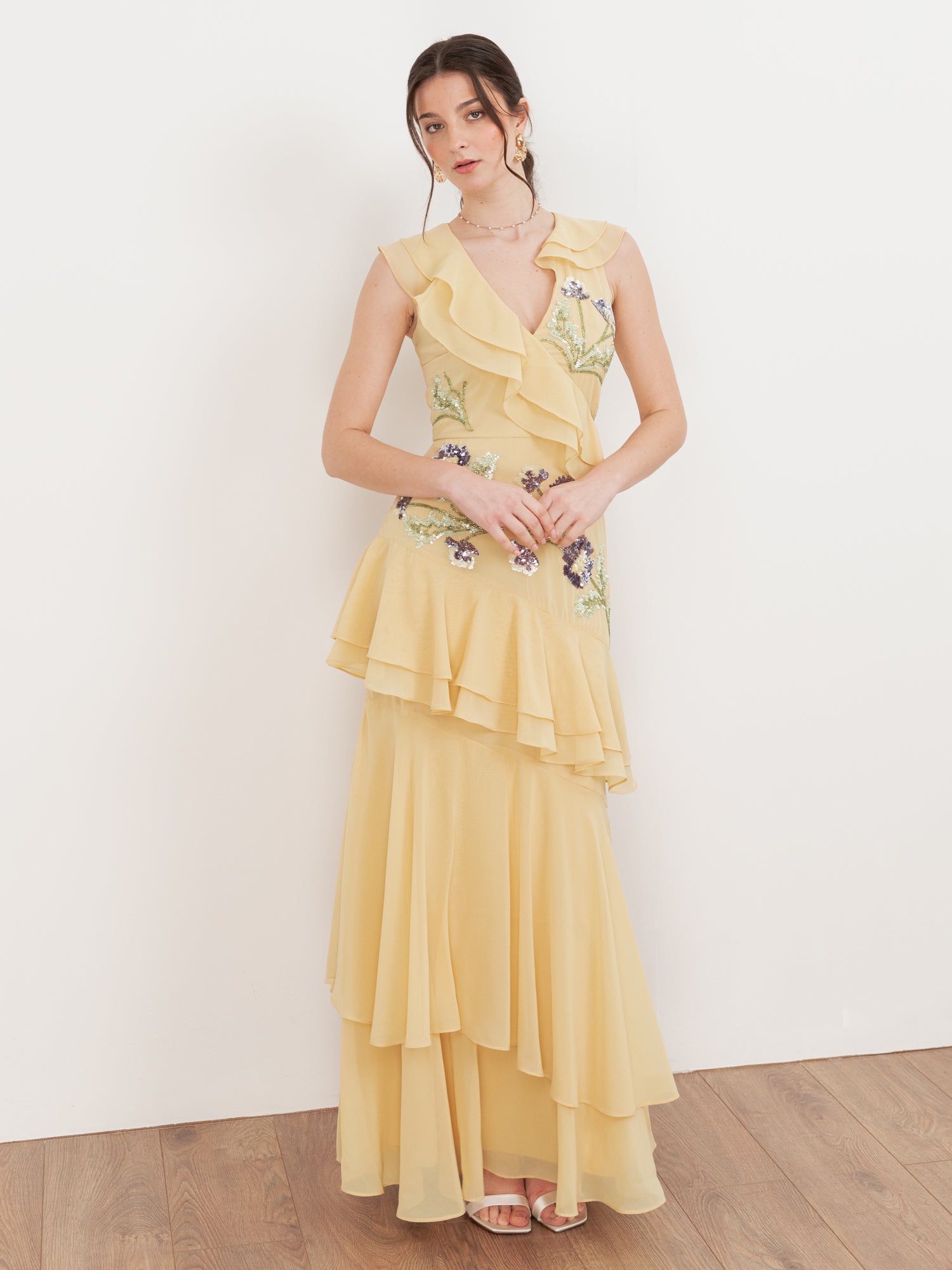 Maya Buttercream Embellished Asymmetric Ruffle Maxi Dress