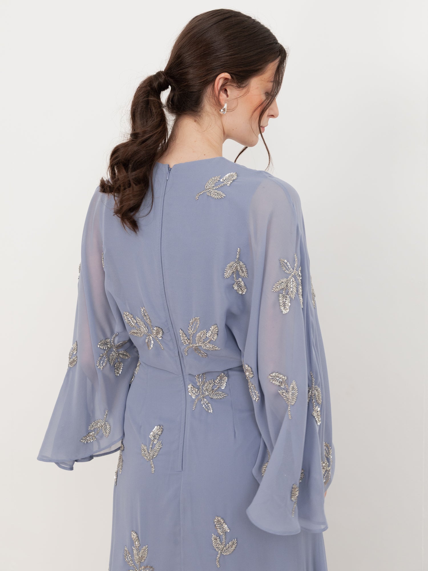 Maya Wisteria Blue Floral Embellished Cape Sleeve Maxi Dress