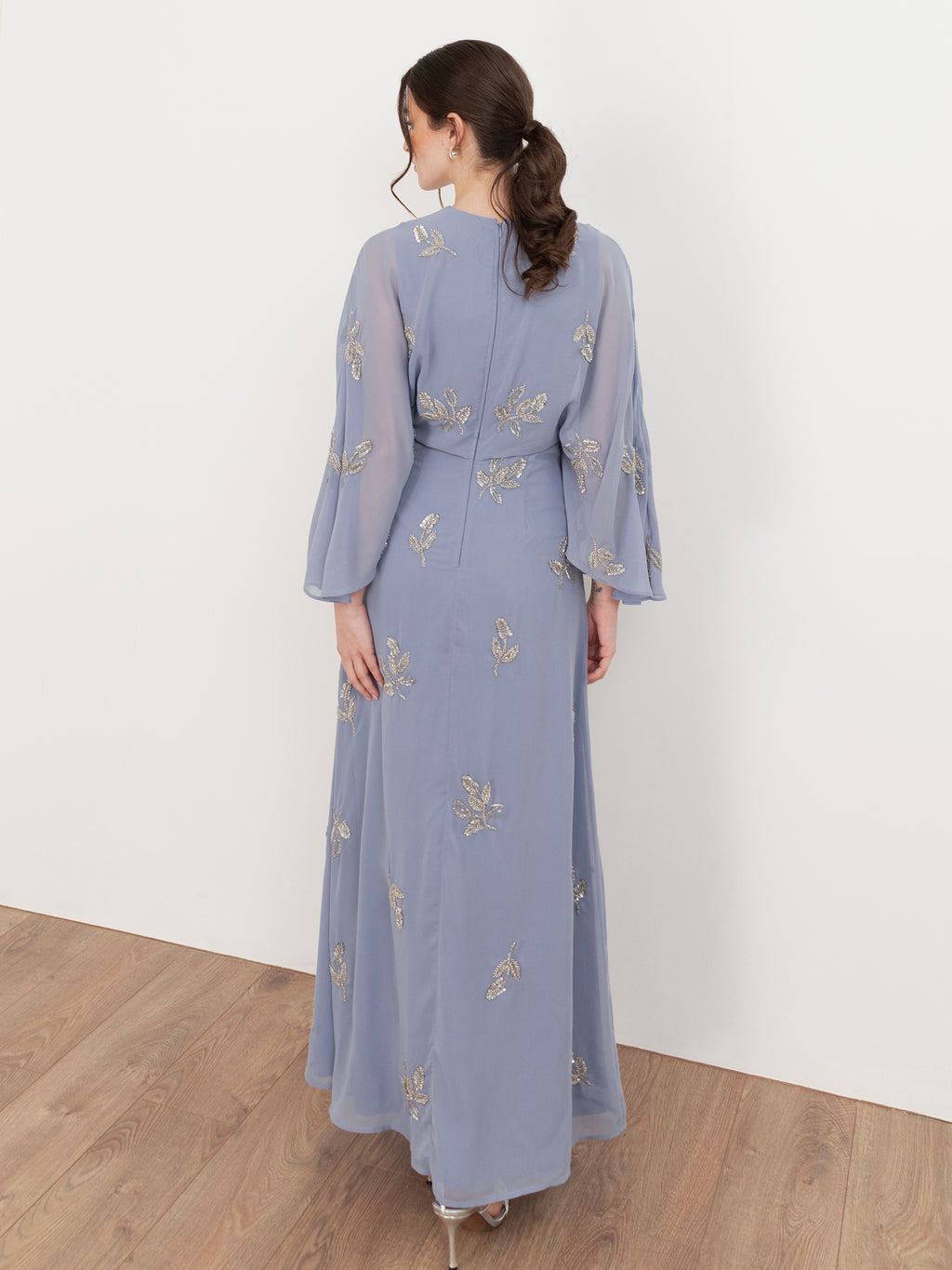 Maya Wisteria Blue Floral Embellished Cape Sleeve Maxi Dress
