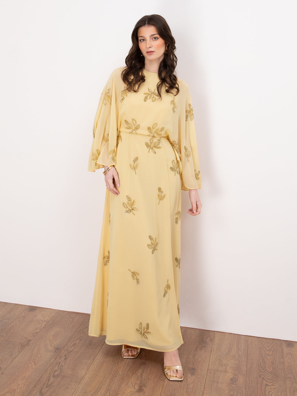 Maya Buttercream Floral Embellished Cape Sleeve Maxi Dress