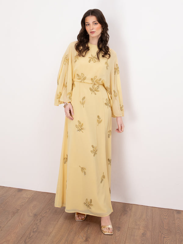 Maya Buttercream Floral Embellished Cape Sleeve Maxi Dress