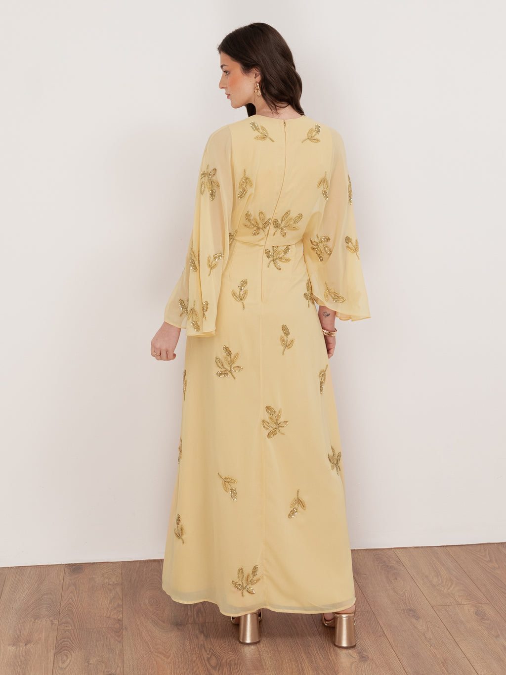 Maya Buttercream Floral Embellished Cape Sleeve Maxi Dress