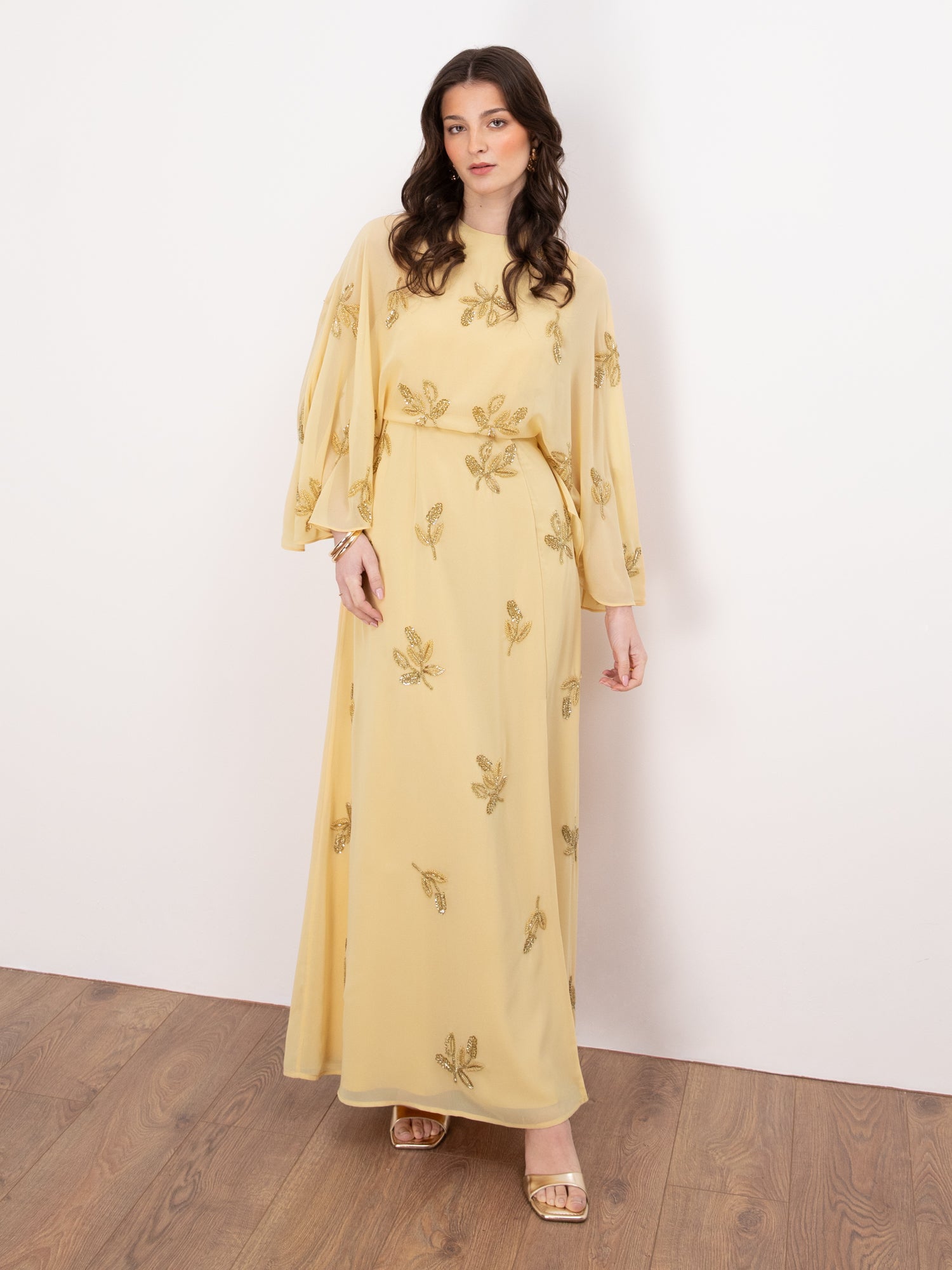 Maya Buttercream Floral Embellished Cape Sleeve Maxi Dress
