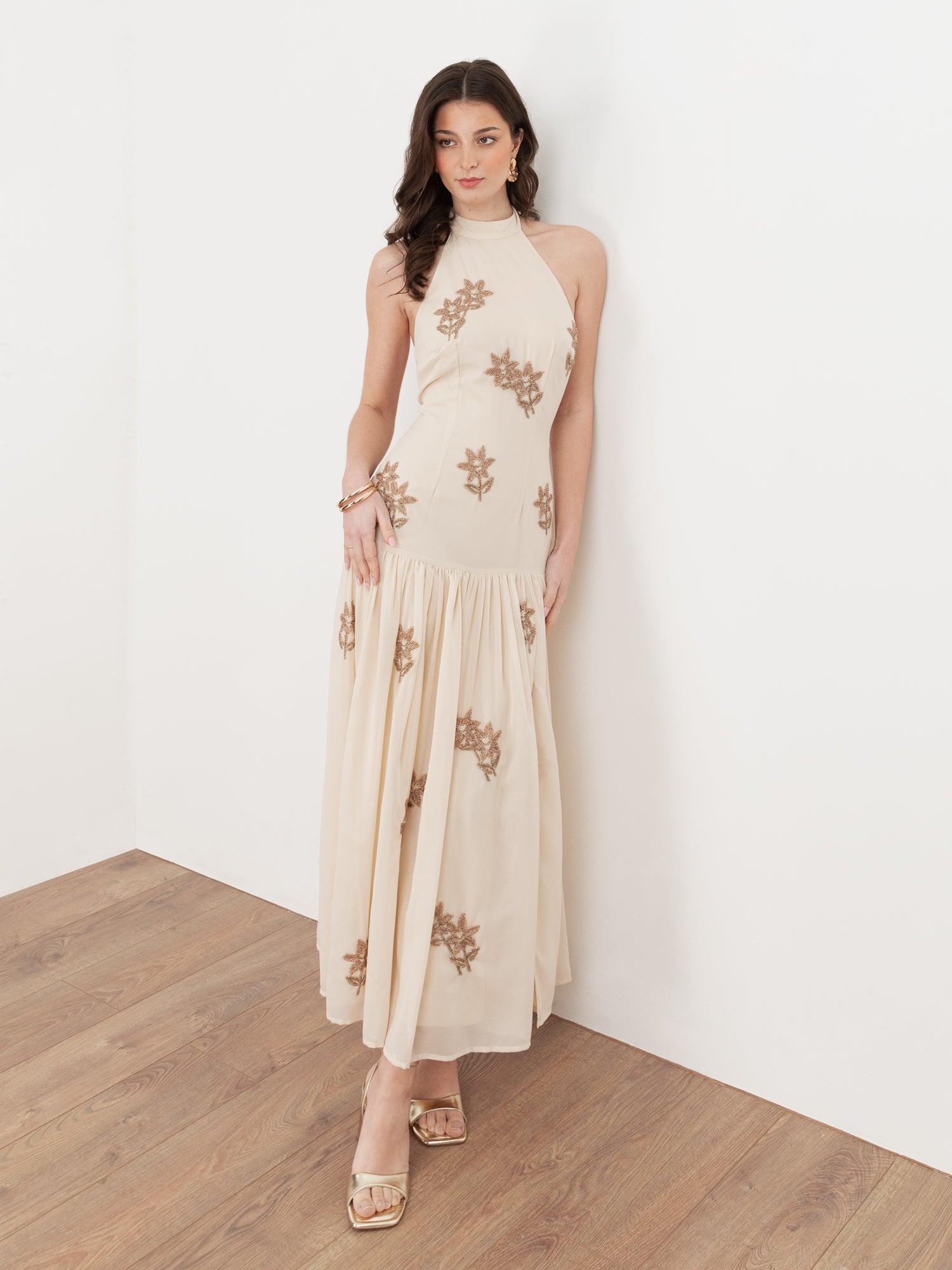 Maya Vanilla Floral Embellished Drop Waist Halter Neck Midaxi Dress
