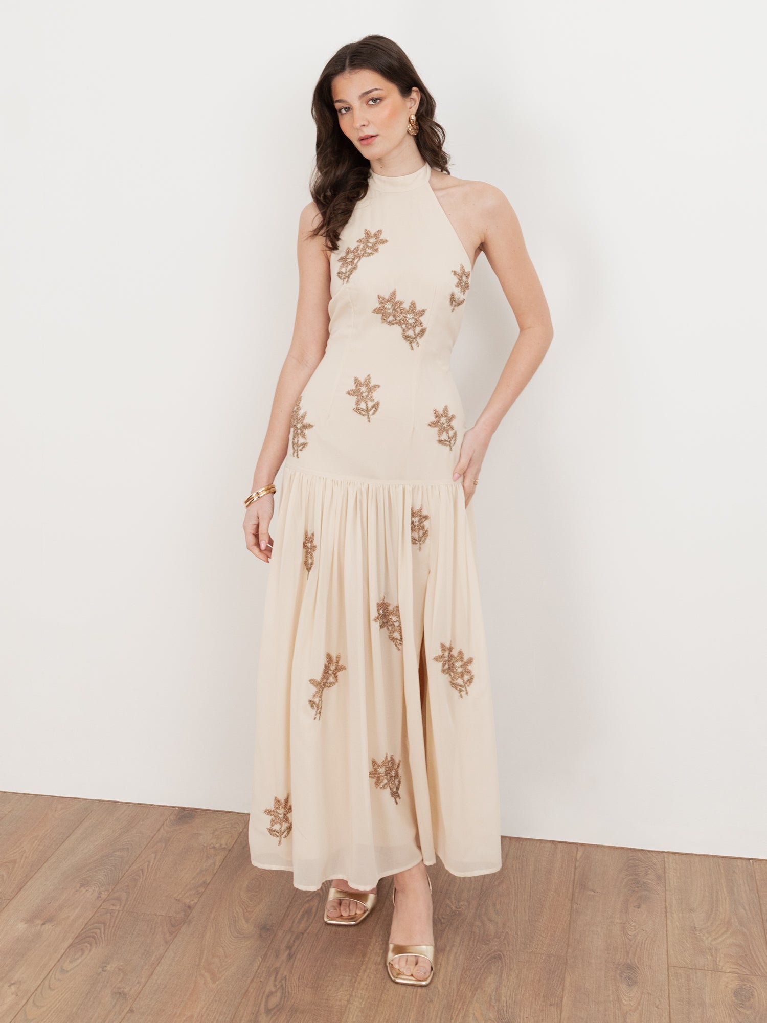 Maya Vanilla Floral Embellished Drop Waist Halter Neck Midaxi Dress