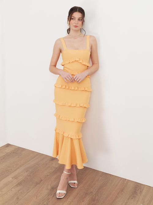 Maya Amber Yellow Strappy Bandage Midi Dress – Plaza Collection