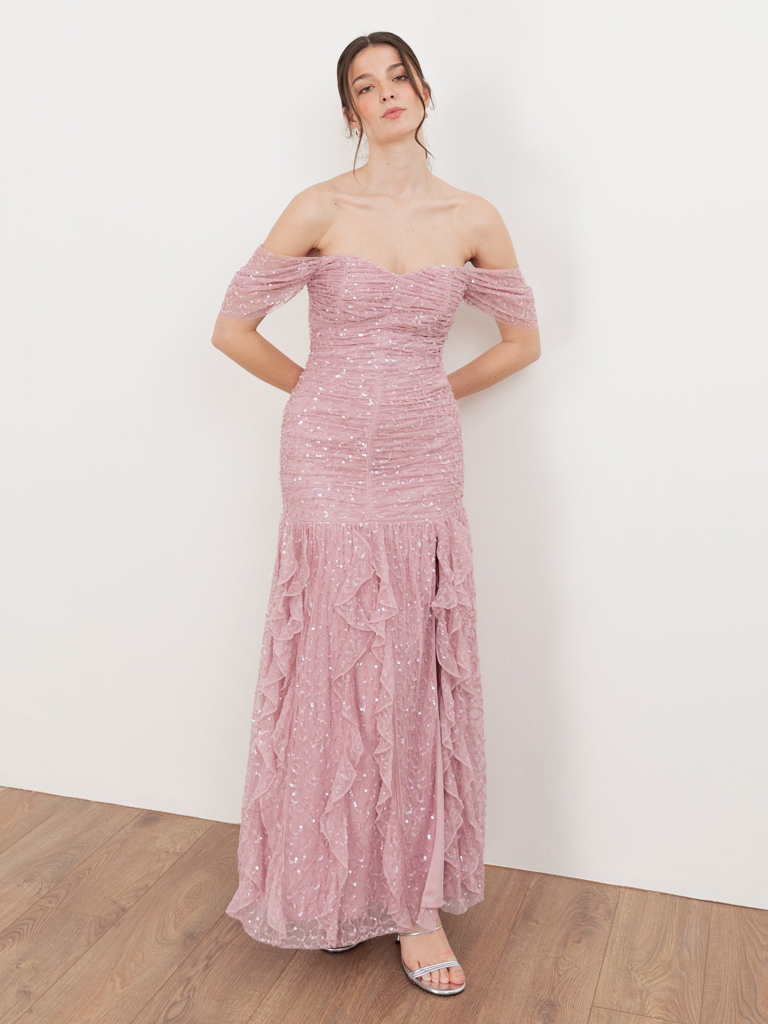 Maya Fully Embellished Bardot Maxi Dress with Waterfall Ruffles