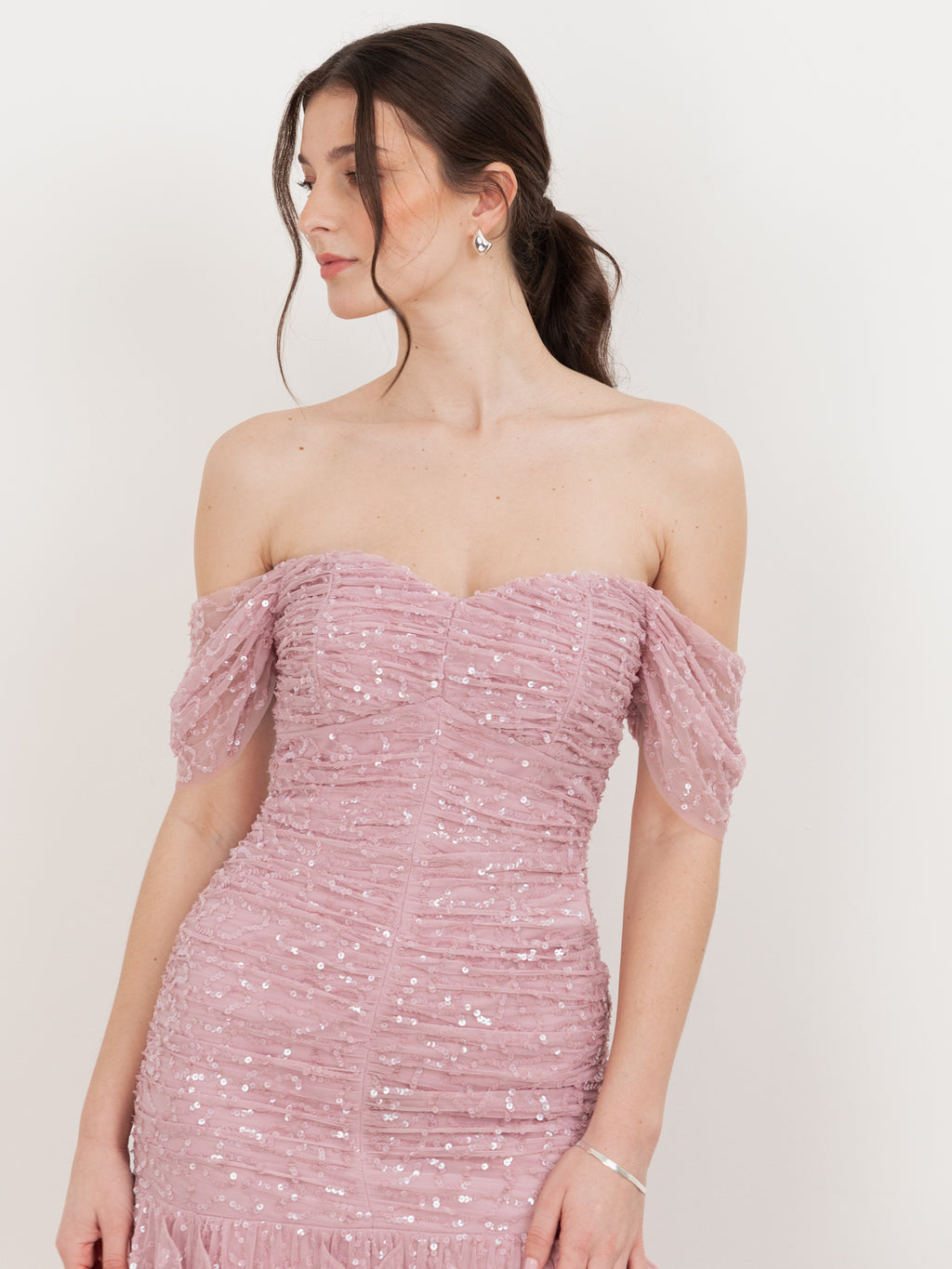 Maya Fully Embellished Bardot Maxi Dress with Waterfall Ruffles