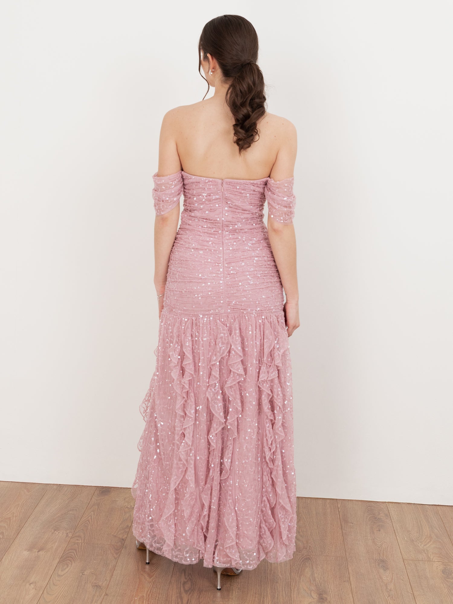Maya Fully Embellished Bardot Maxi Dress with Waterfall Ruffles