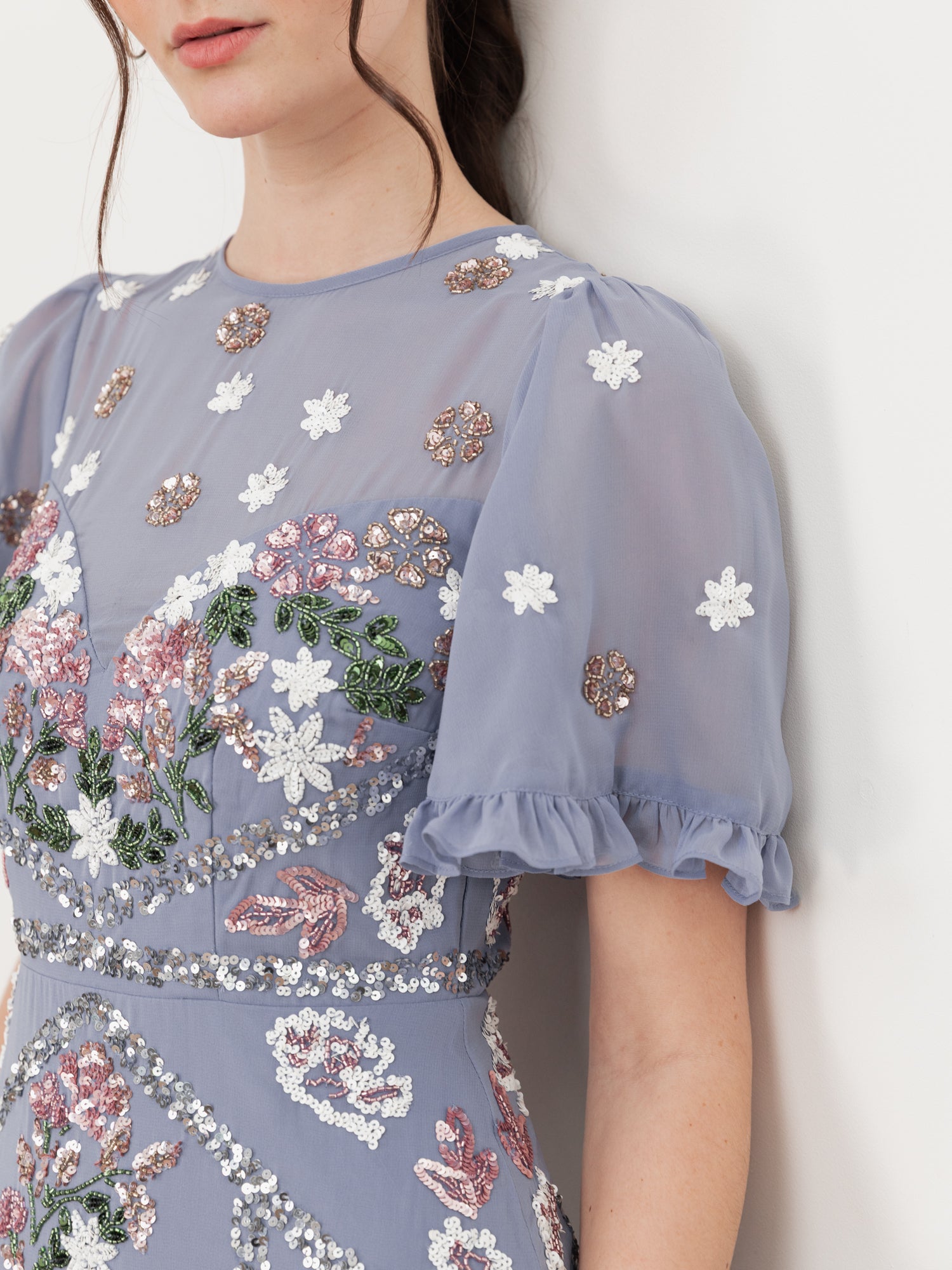 Maya Wisteria Blue Embellished Short Sleeve Ruffle Maxi Dress