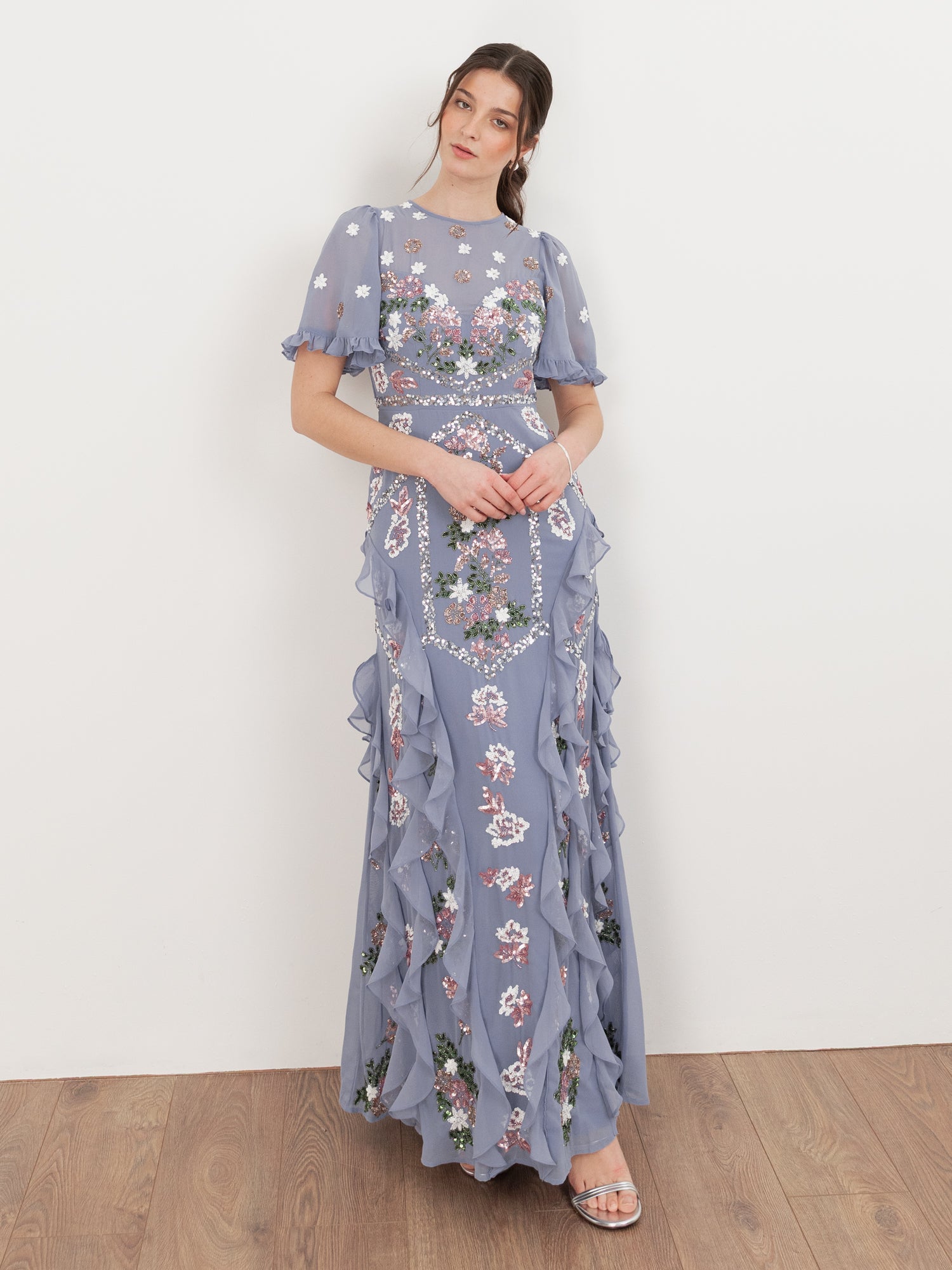 Maya Wisteria Blue Embellished Short Sleeve Ruffle Maxi Dress