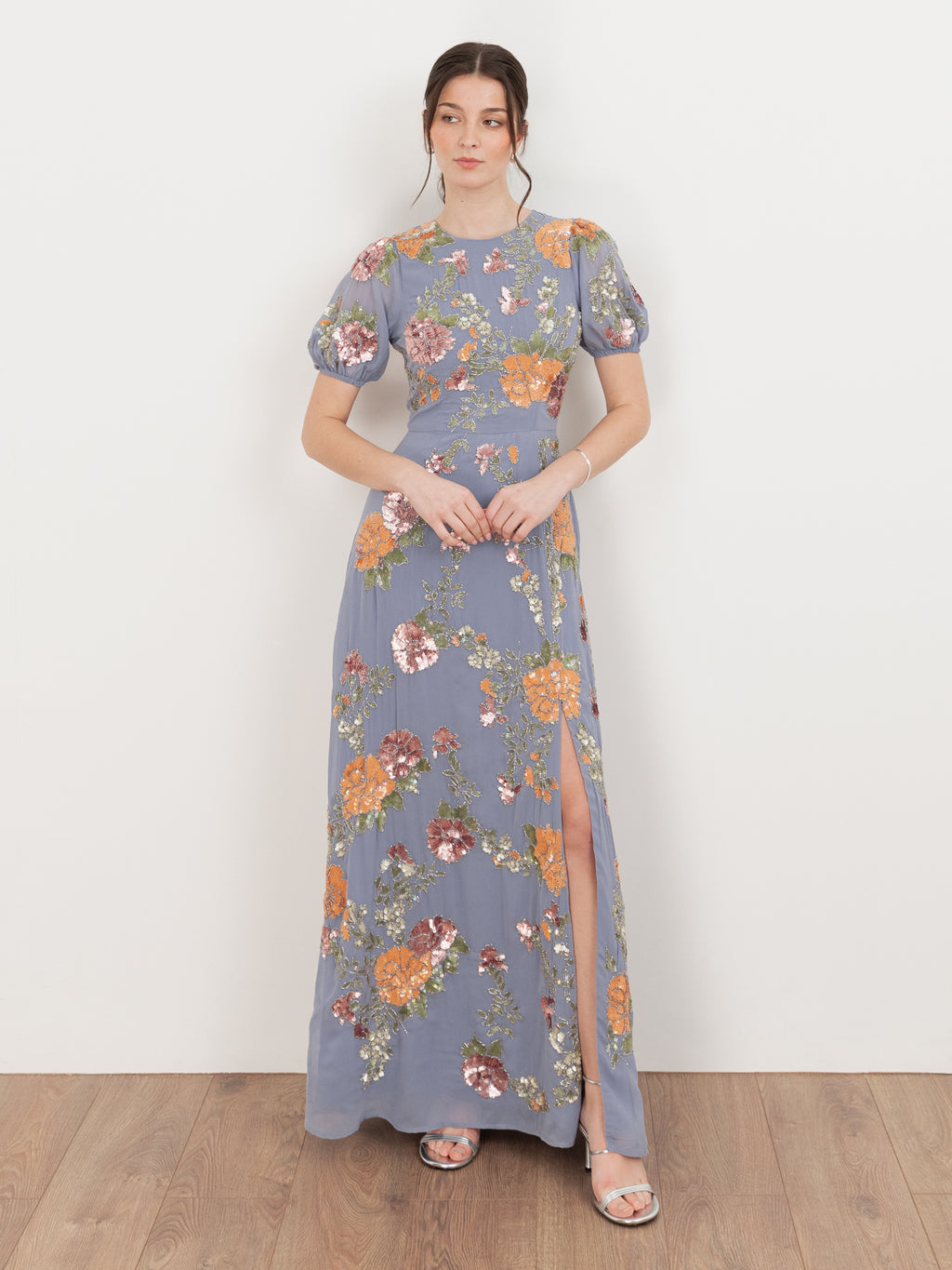 Maya Wisteria Blue Floral Embellished Puff Sleeve & Open Back Maxi Dress