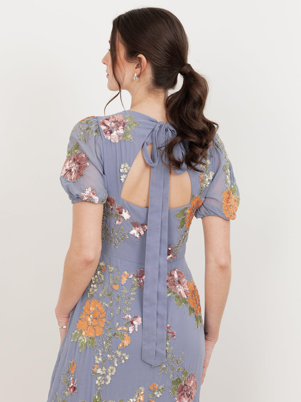 Maya Wisteria Blue Floral Embellished Puff Sleeve & Open Back Maxi Dress