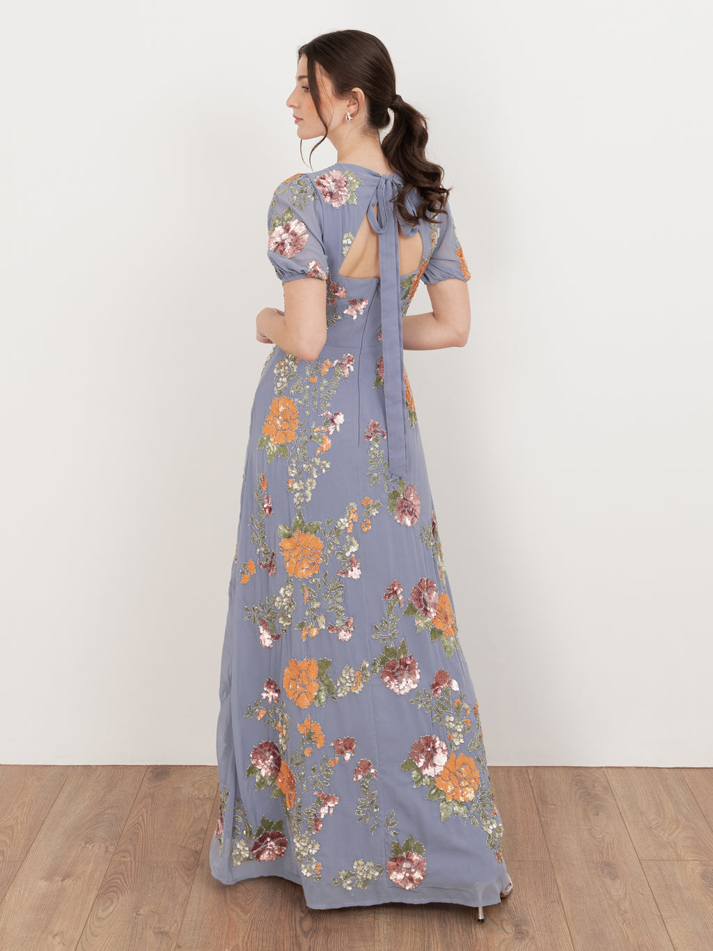 Maya Wisteria Blue Floral Embellished Puff Sleeve & Open Back Maxi Dress