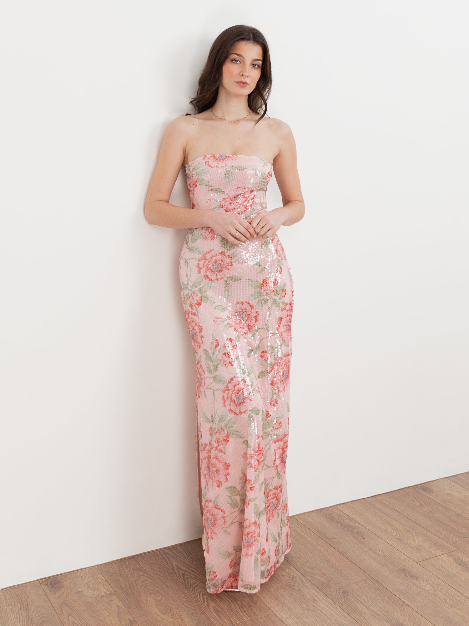 Maya Floral Printed Sequin Bandeau Maxi Dress