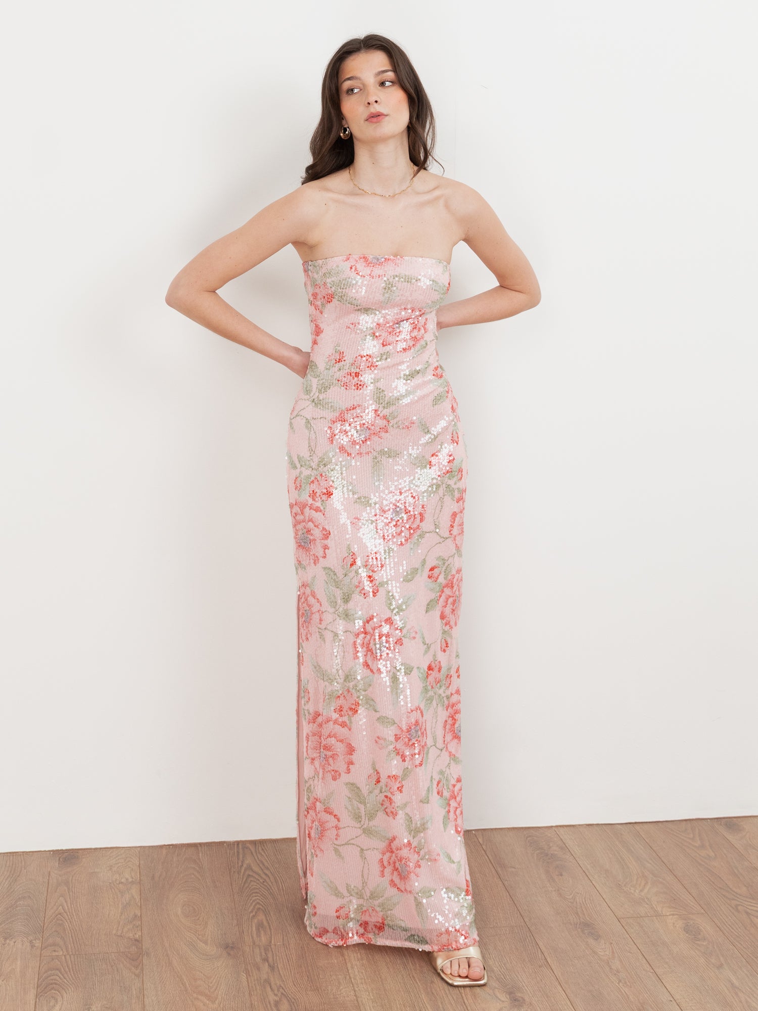 Maya Floral Printed Sequin Bandeau Maxi Dress