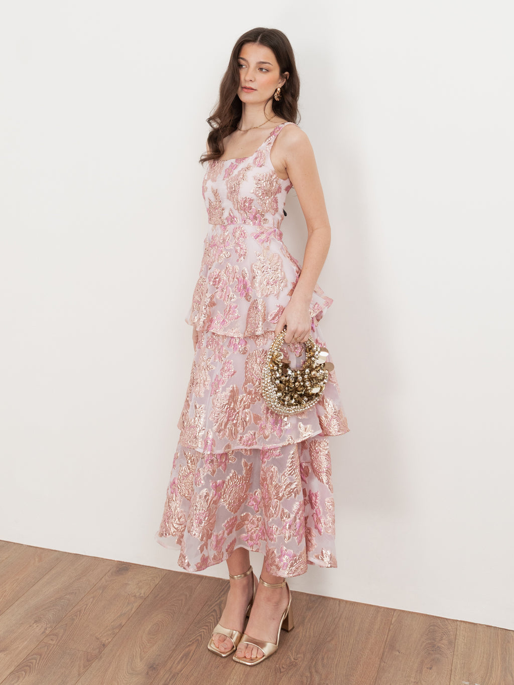 Maya Pink Floral Jacquard Square Neck Tiered Midi Dress