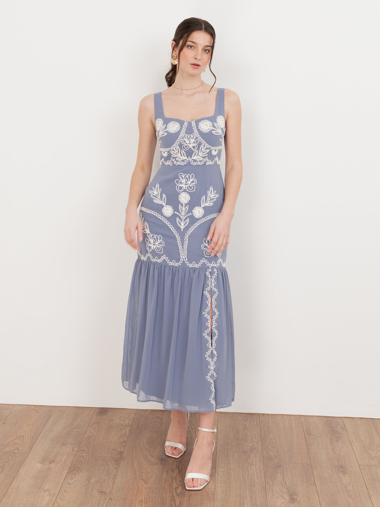 Maya Wisteria Blue Embroidered Strappy Midaxi Dress
