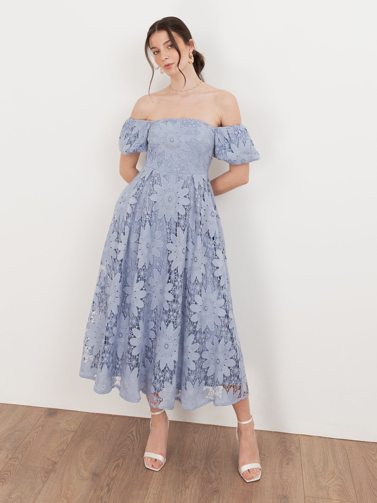 Maya Wisteria Blue Bardot Puff Short Sleeve Lace Midi Dress