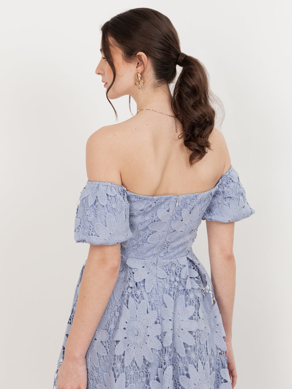 Maya Wisteria Blue Bardot Puff Short Sleeve Lace Midi Dress