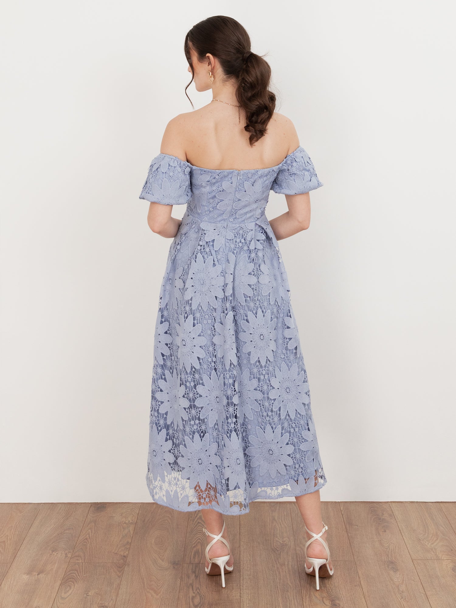 Maya Wisteria Blue Bardot Puff Short Sleeve Lace Midi Dress