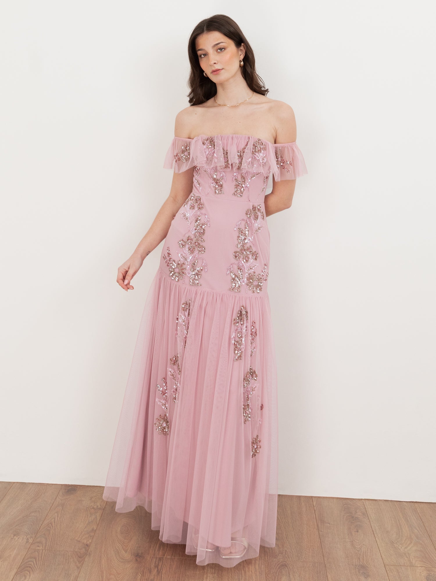 Maya Soft Pink Floral Embellished Bardot Maxi Dress