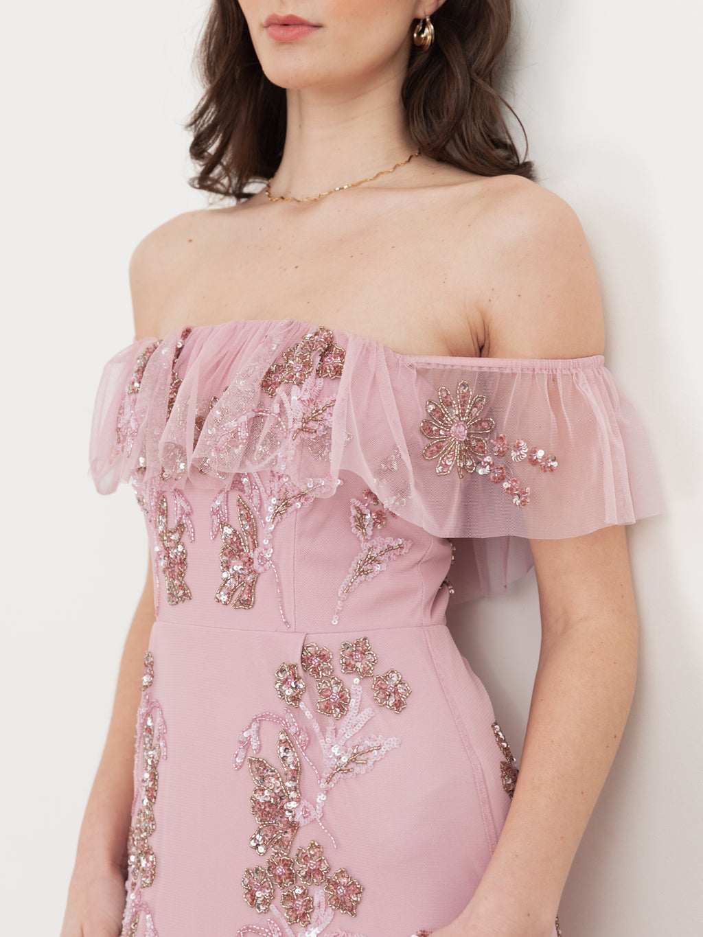 Maya Soft Pink Floral Embellished Bardot Maxi Dress