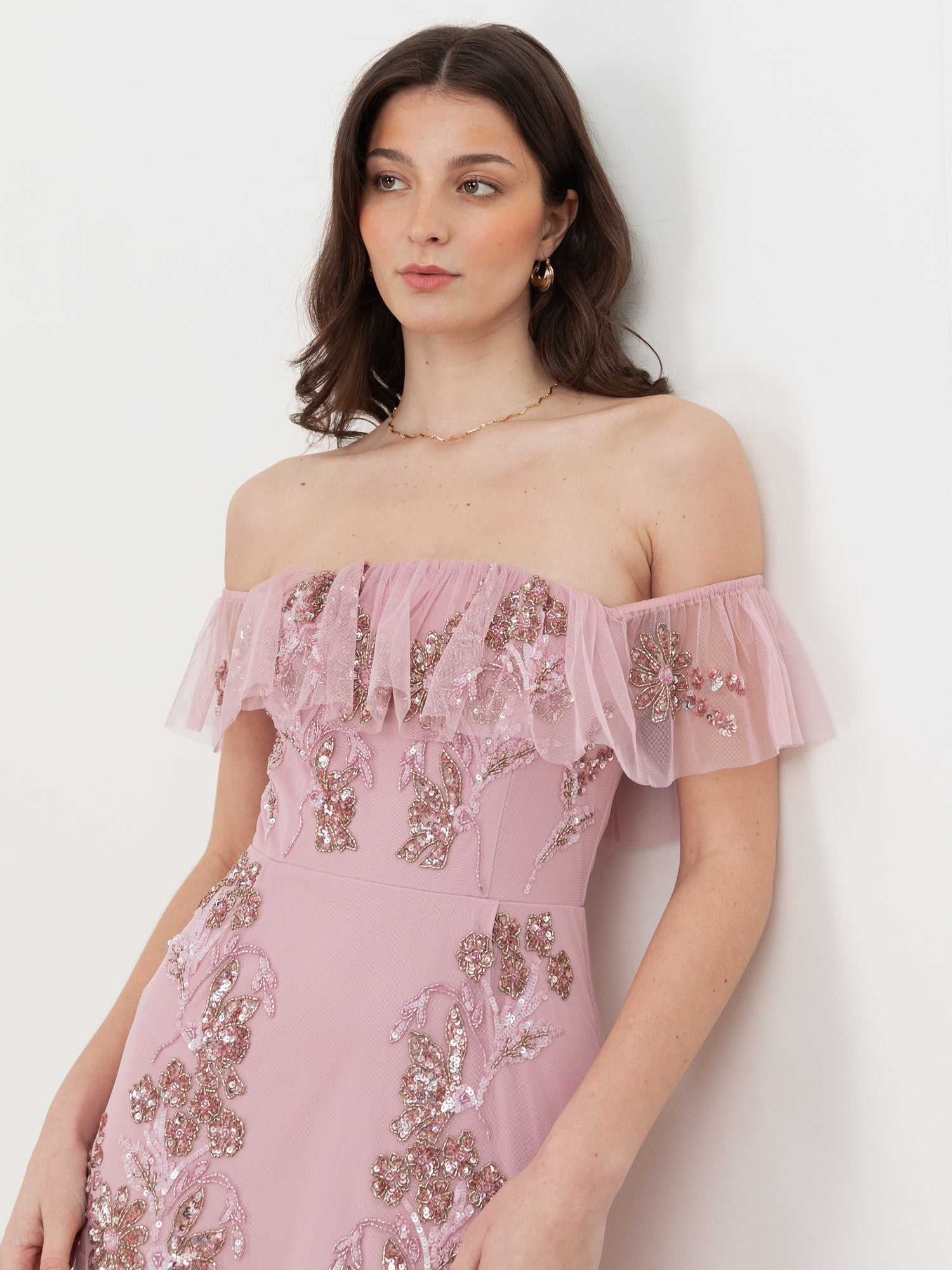 Maya Soft Pink Floral Embellished Bardot Maxi Dress