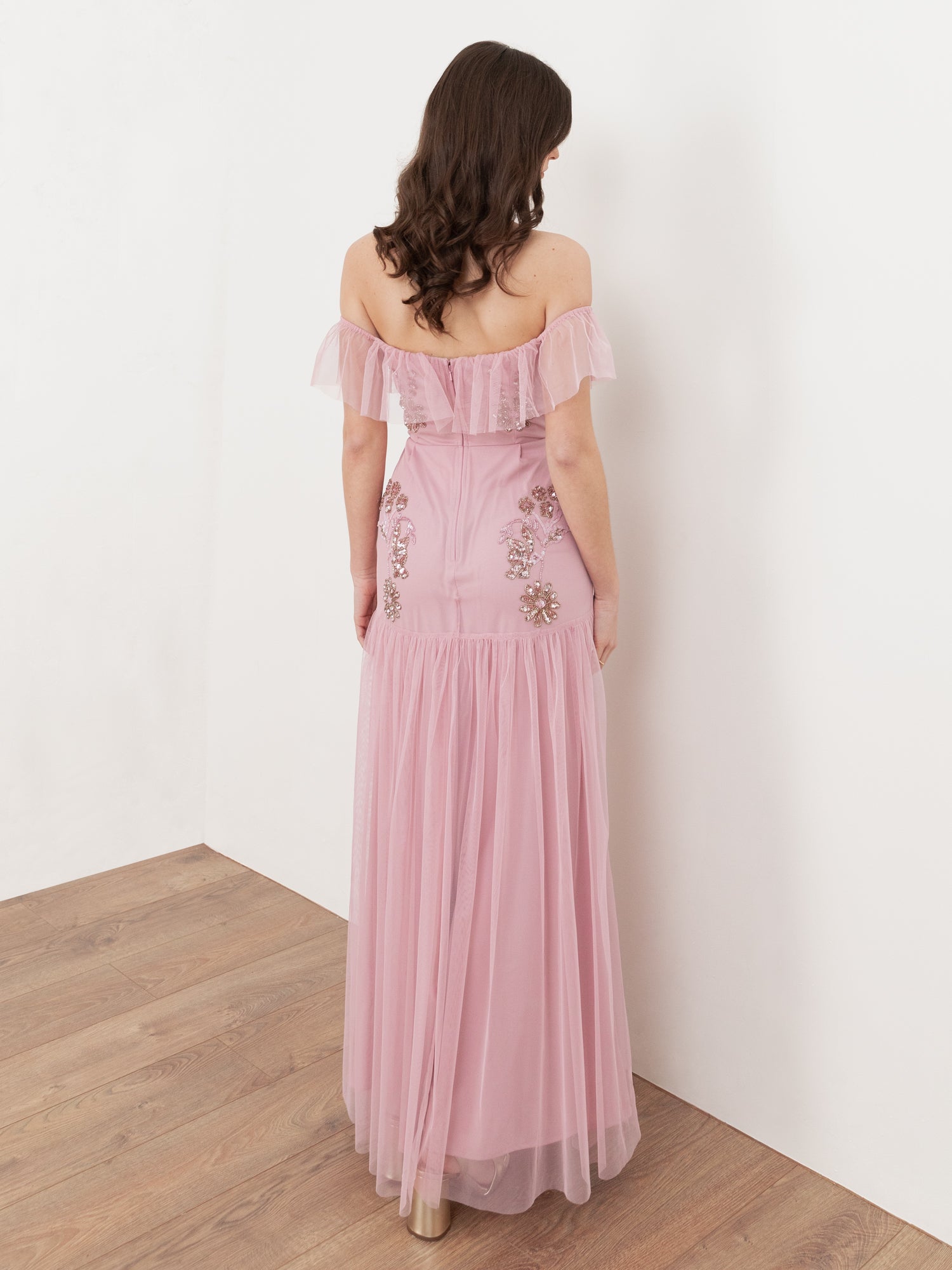 Maya Soft Pink Floral Embellished Bardot Maxi Dress