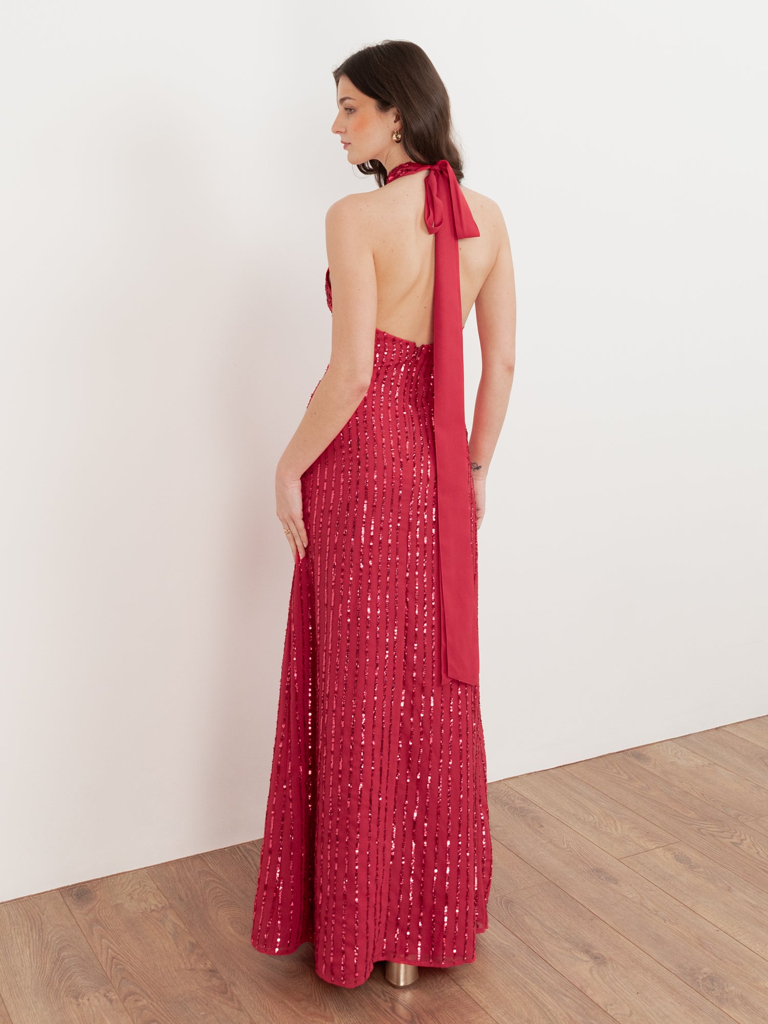 Maya Hot Pink Linear Embellishment Halter Neck Maxi Dress
