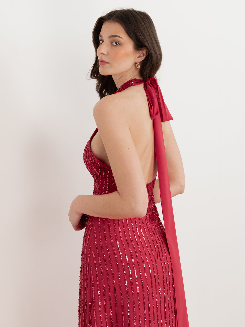 Maya Hot Pink Linear Embellishment Halter Neck Maxi Dress