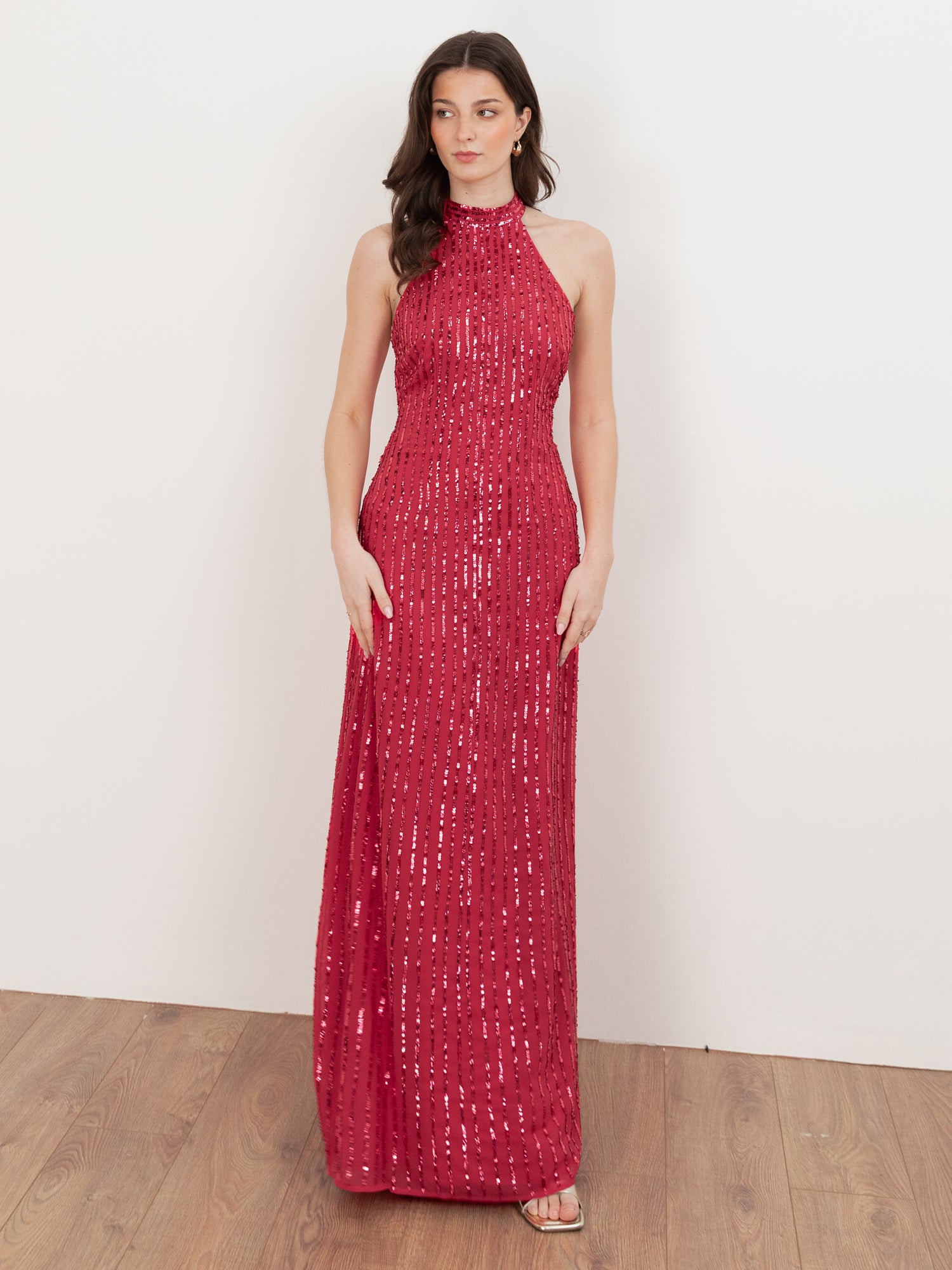 Maya Hot Pink Linear Embellishment Halter Neck Maxi Dress