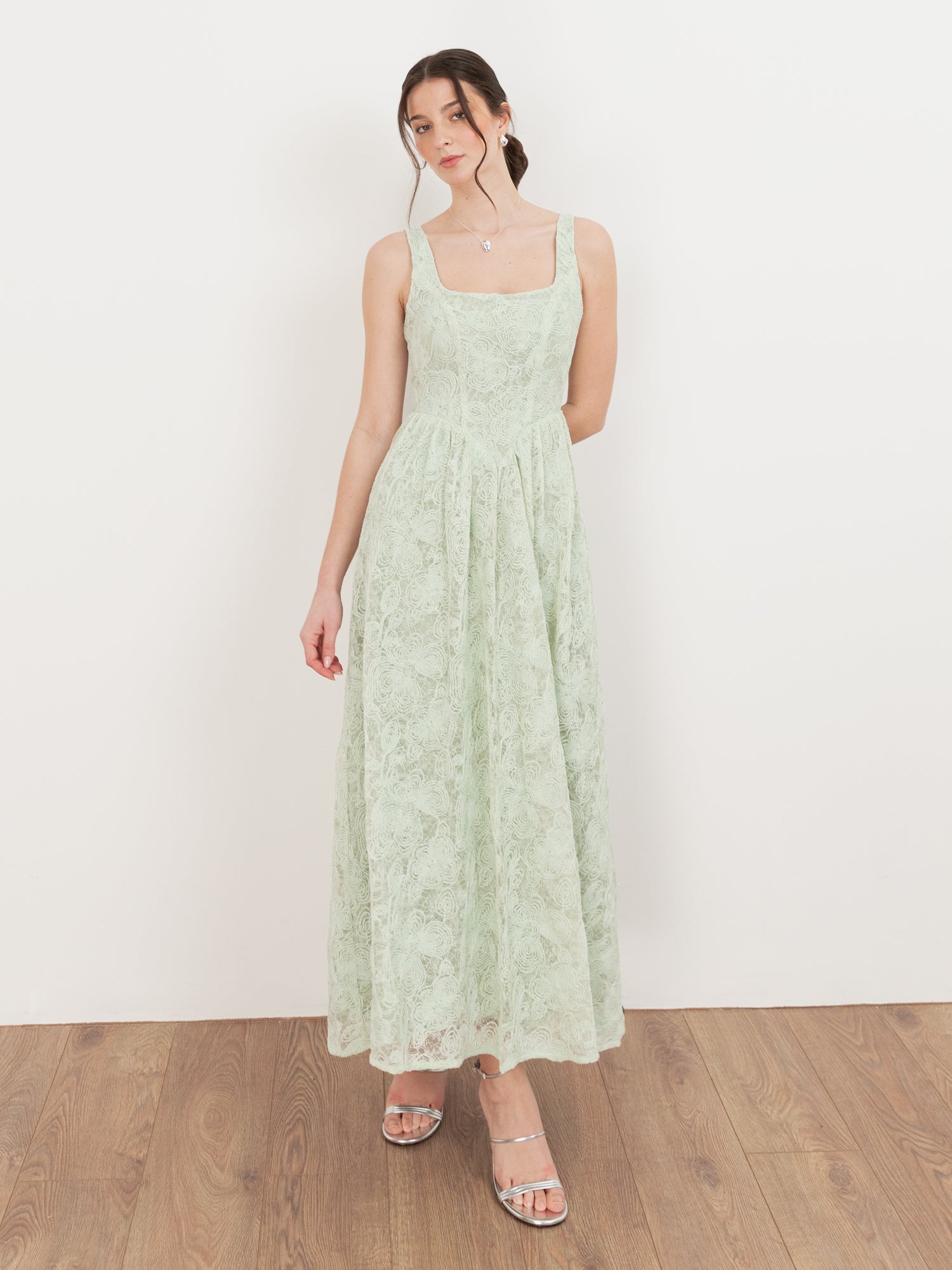 Maya Mint Embossed Floral Lace Drop Waist Midaxi Dress