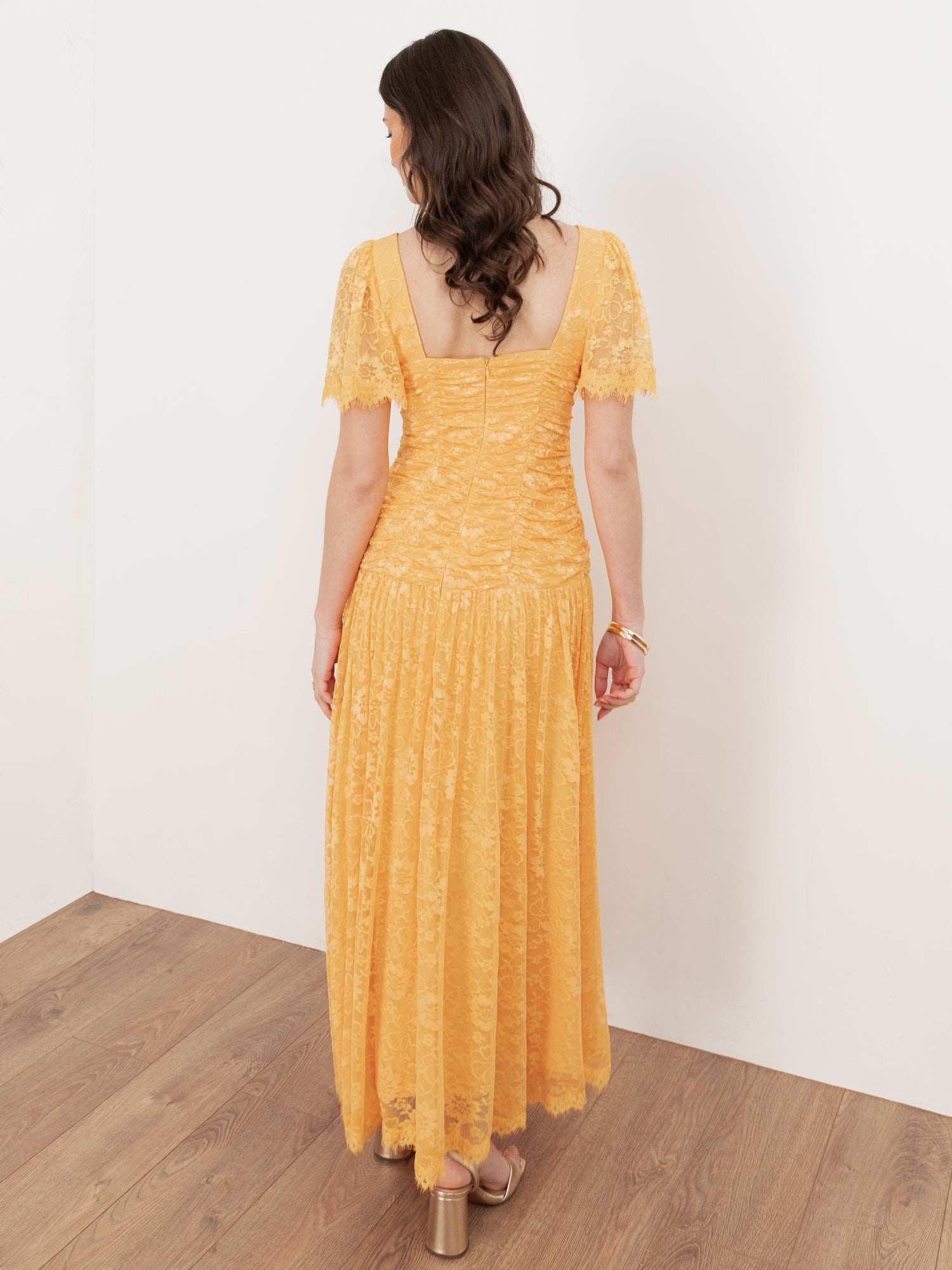 Maya Sunflower Yellow Square Neck Angel Sleeve Lace Midaxi Dress