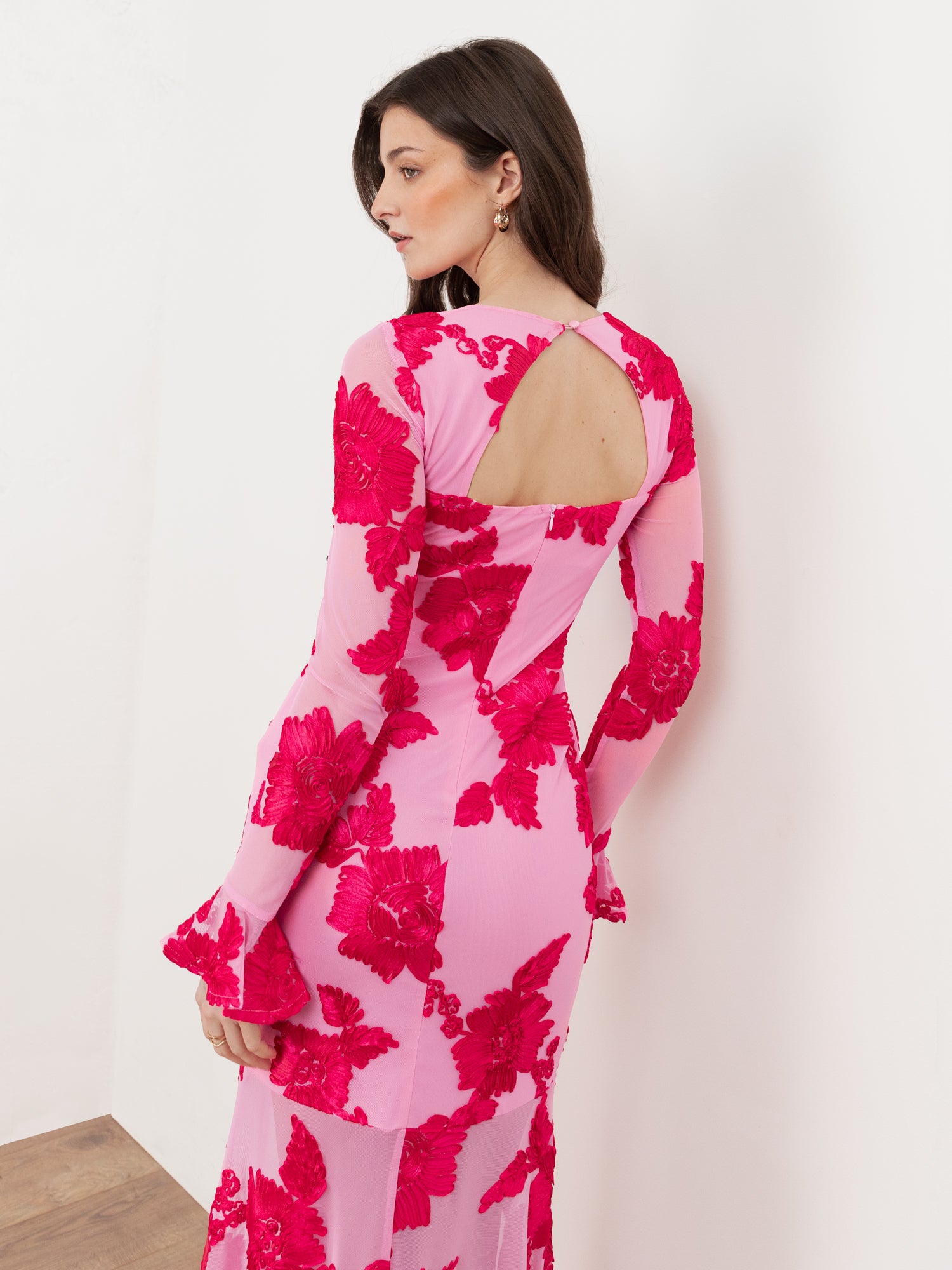 Maya Hot Pink 3D Floral Applique Long Sleeve Mesh Maxi Dress