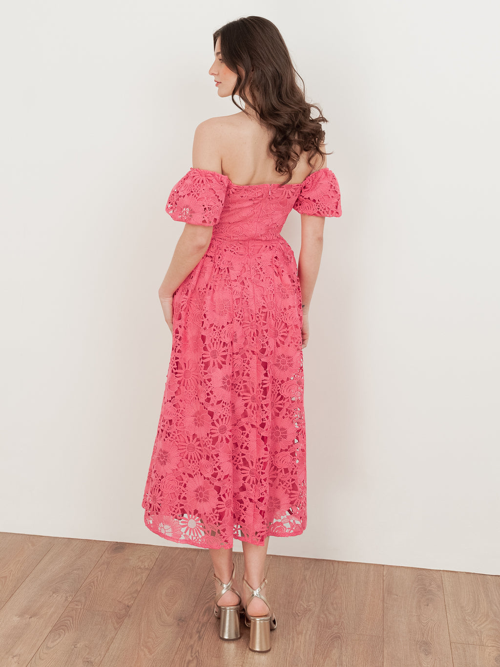 Maya Pink Puff Short Sleeve Lace Midi Dress