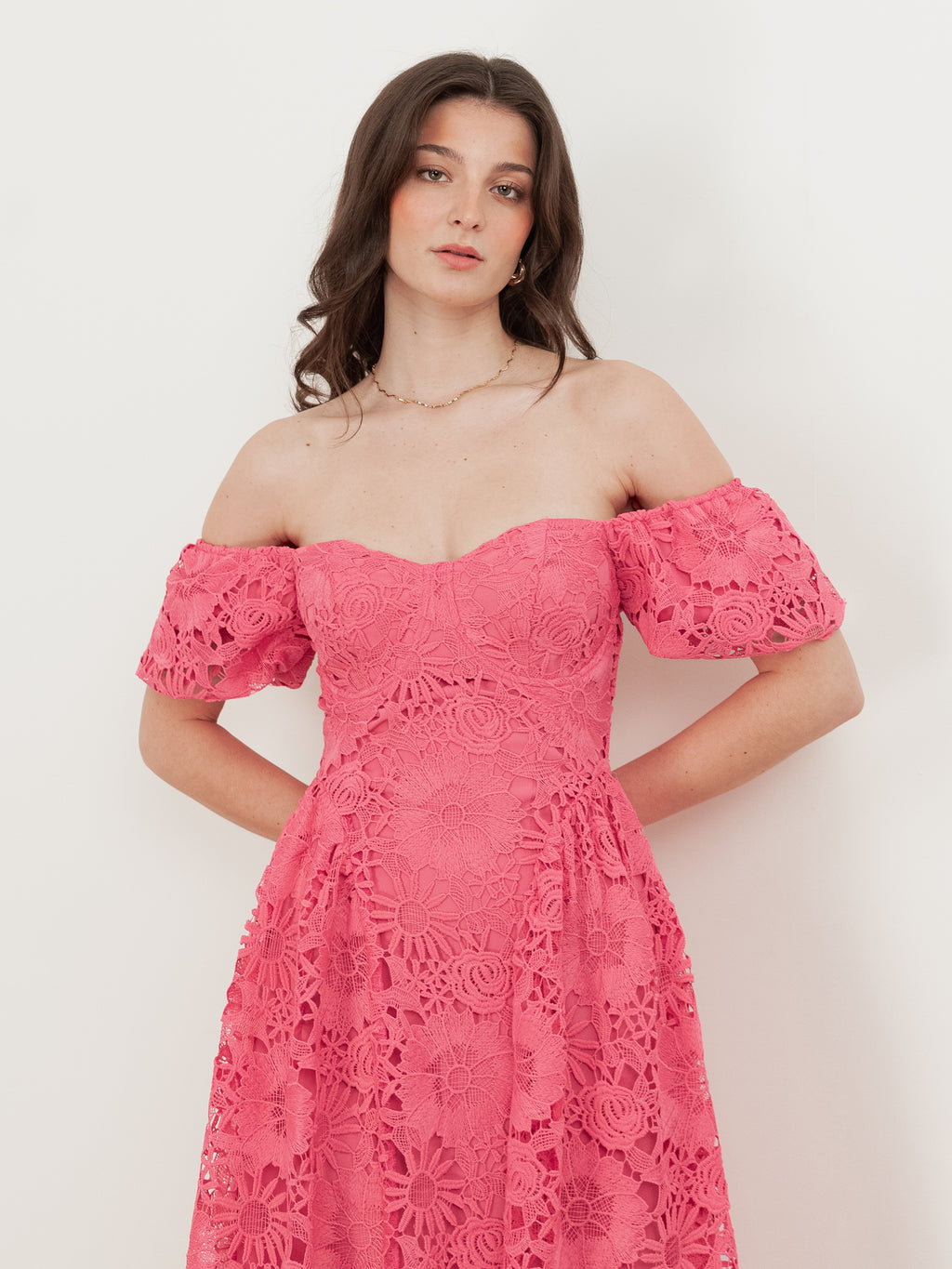 Maya Pink Puff Short Sleeve Lace Midi Dress