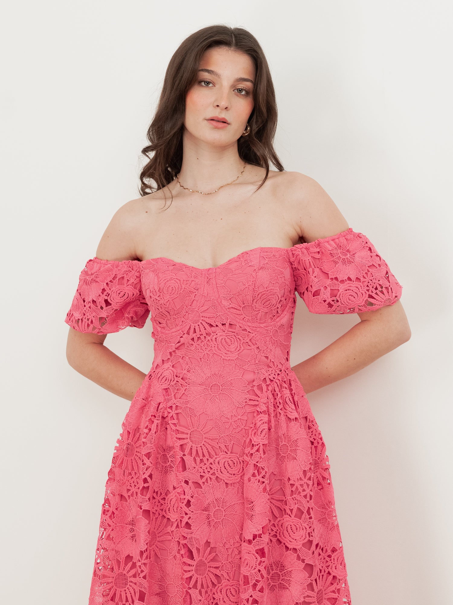Maya Pink Puff Short Sleeve Lace Midi Dress