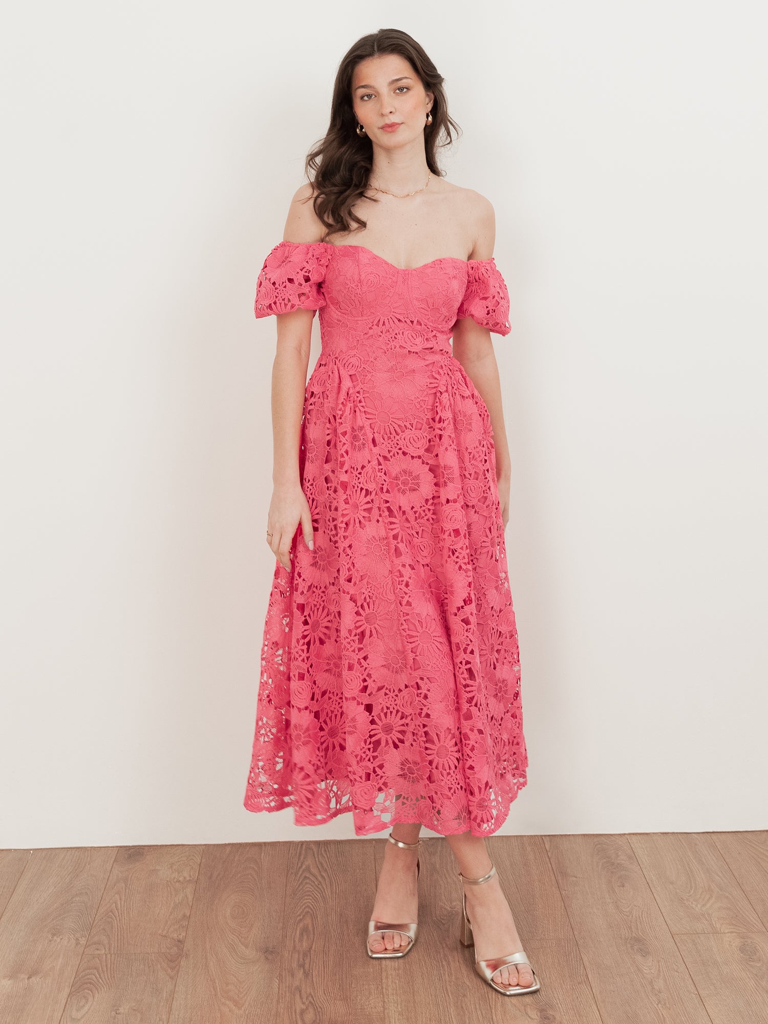 Maya Pink Puff Short Sleeve Lace Midi Dress