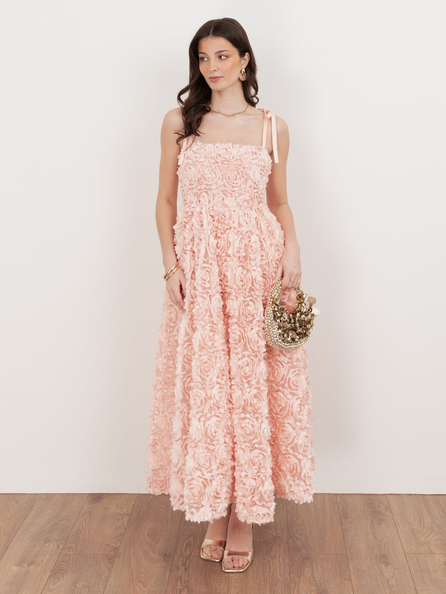 Maya Peach 3D Floral Cami Midi Dress