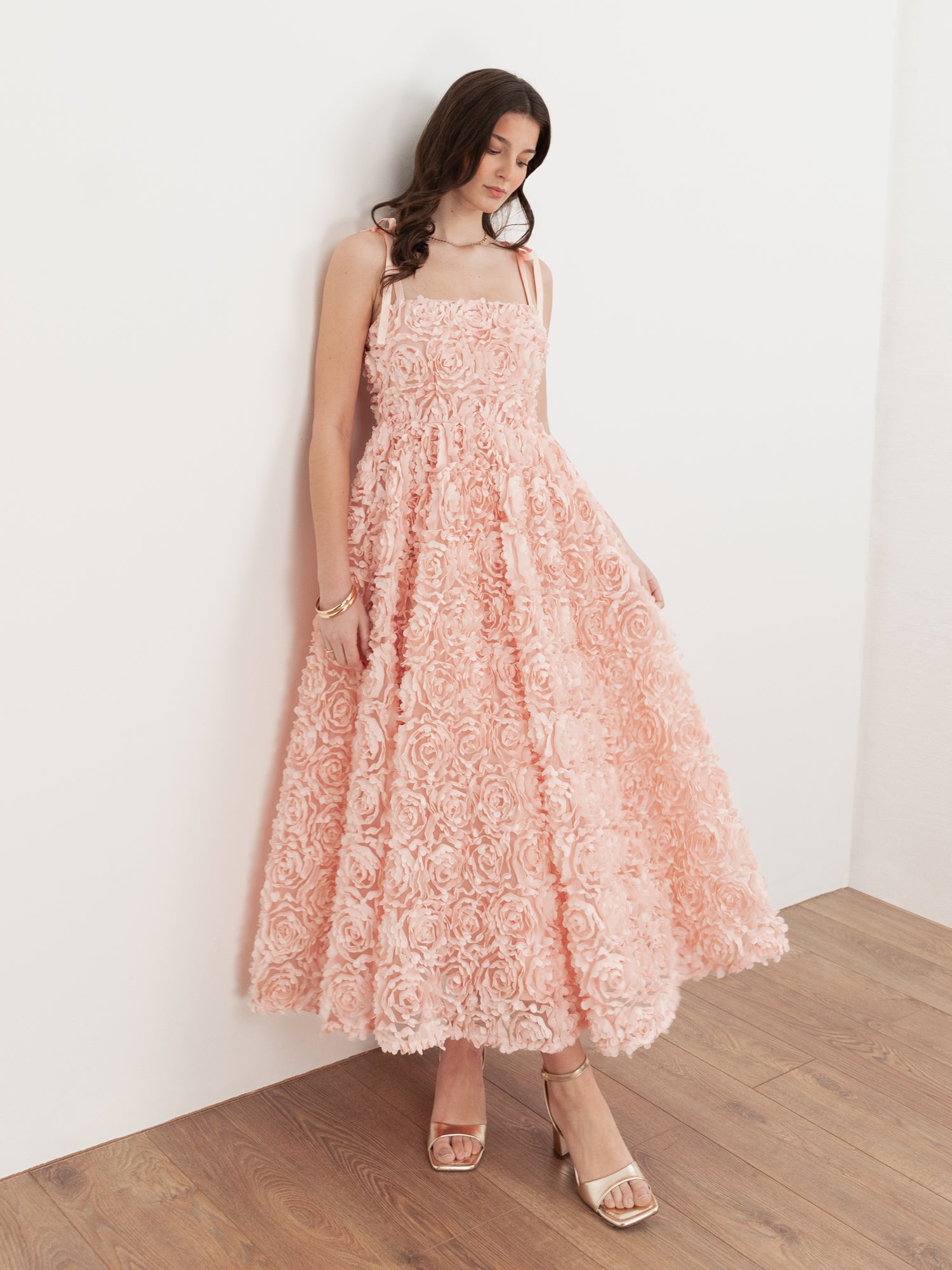 Maya Peach 3D Floral Cami Midi Dress
