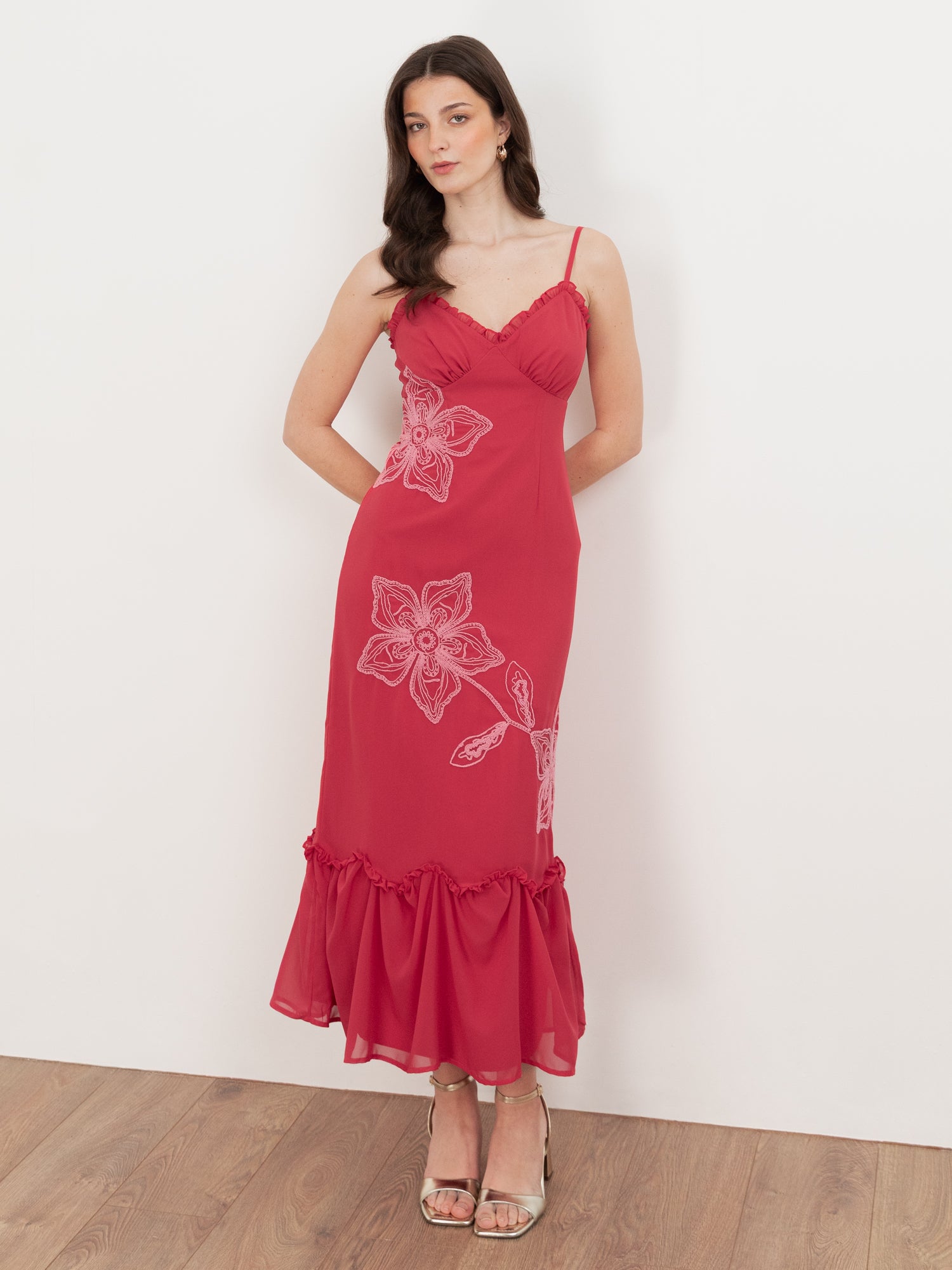 Maya Hot Pink Floral Embroidered Cami Maxi Dress
