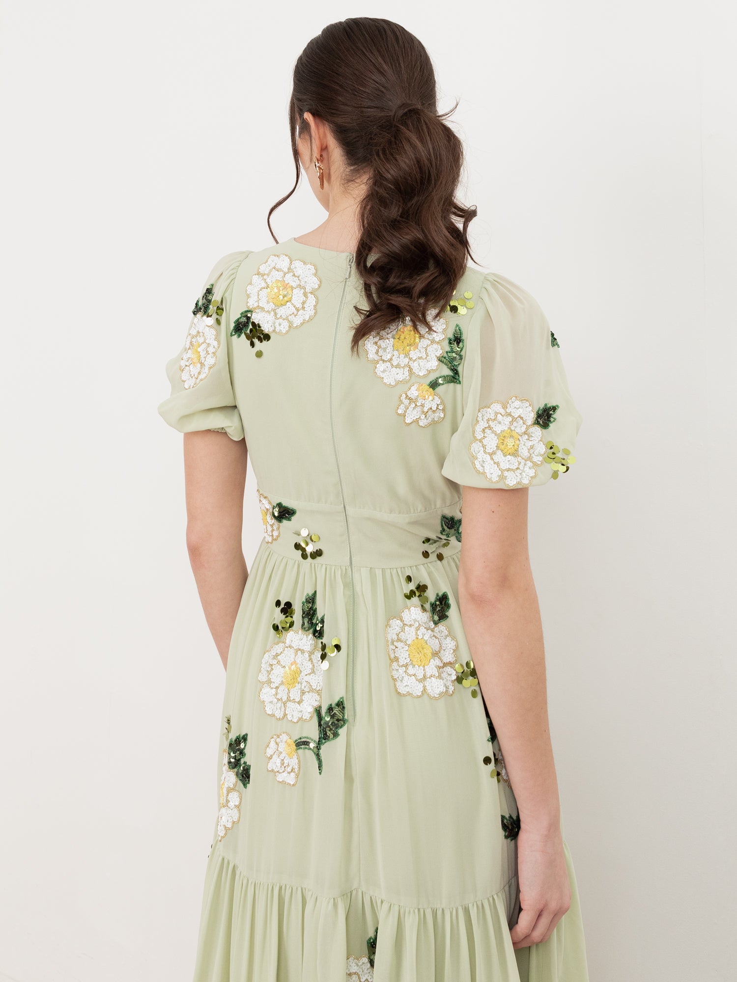 Maya Meadow Green Embellished Keyhole Detail Tiered Midaxi Dress