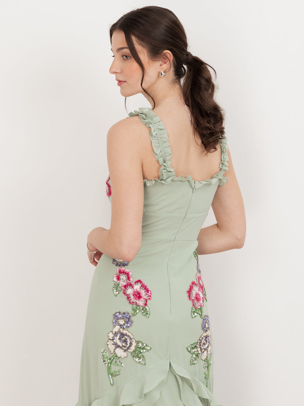 Maya Sage Green Floral Embellished Ruffle Cami Maxi Dress