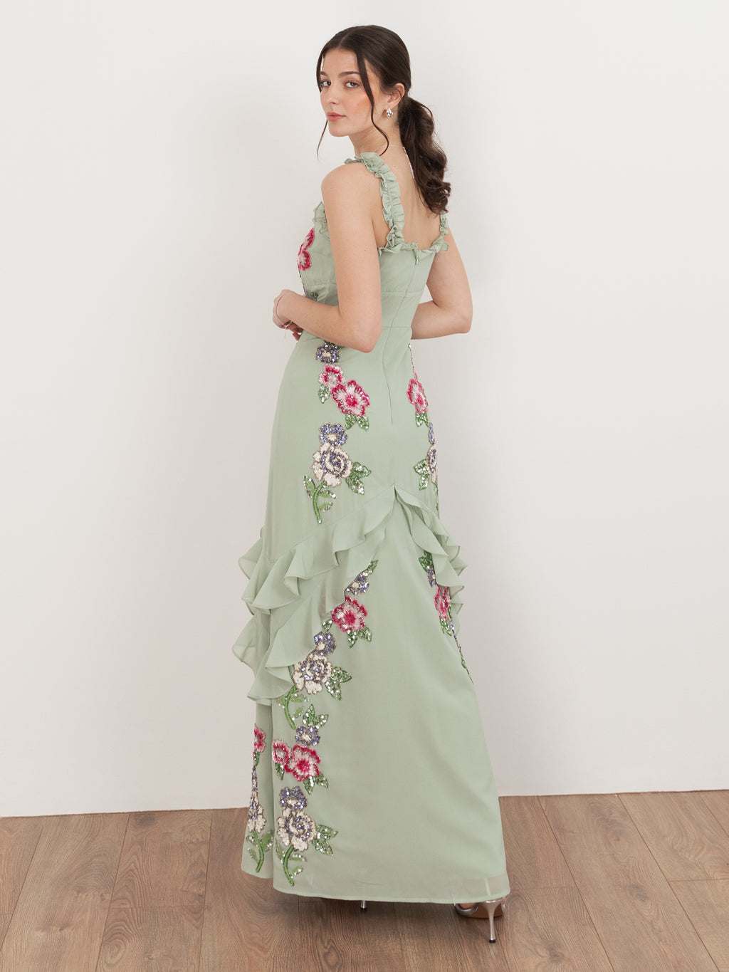 Maya Sage Green Floral Embellished Ruffle Cami Maxi Dress