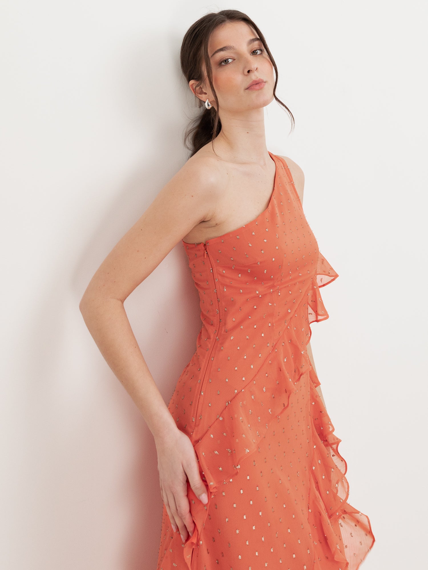 Anaya With Love Recycled Coral One Shoulder Ruffle Maxi Dress