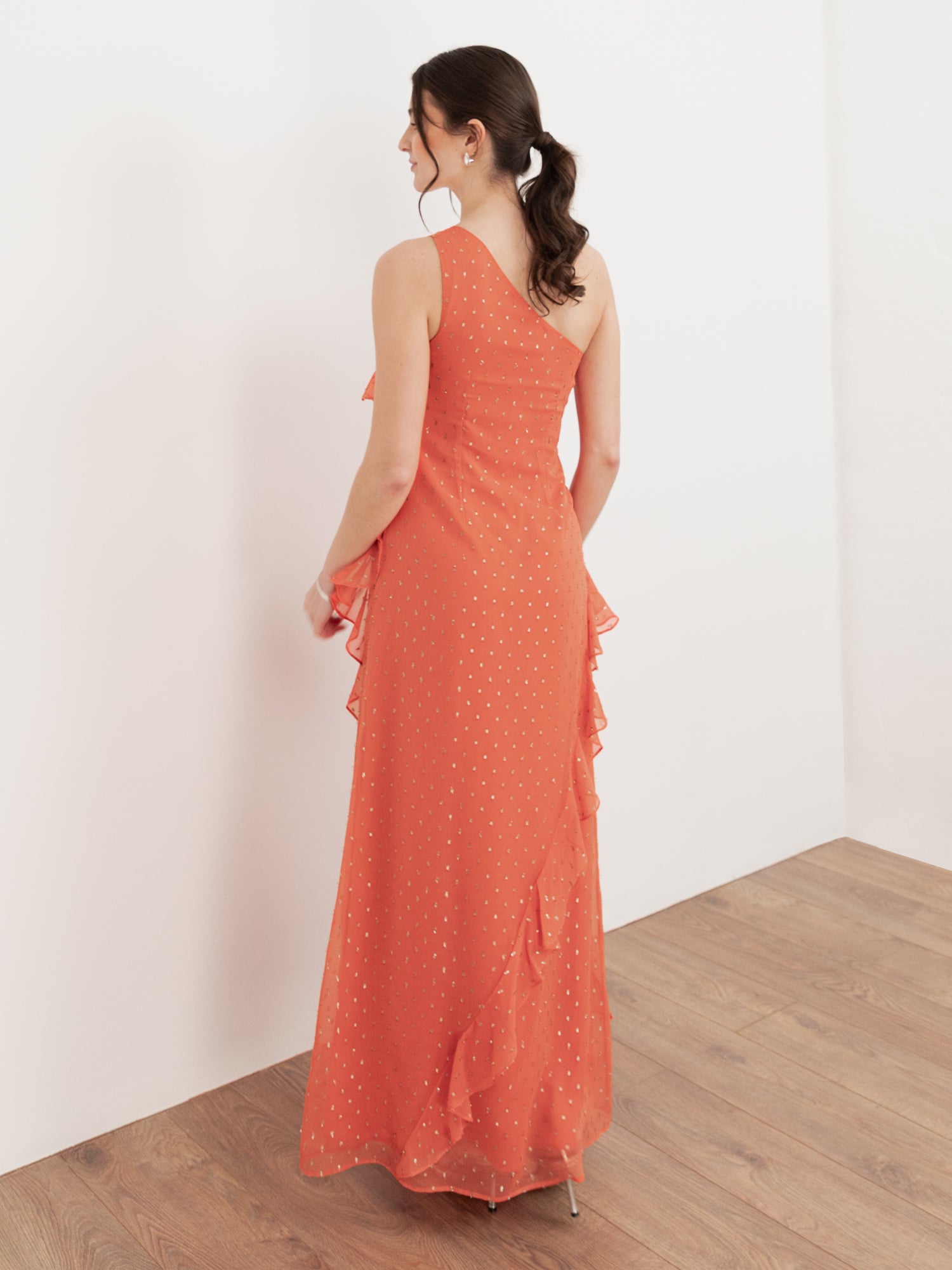 Anaya With Love Recycled Coral One Shoulder Ruffle Maxi Dress
