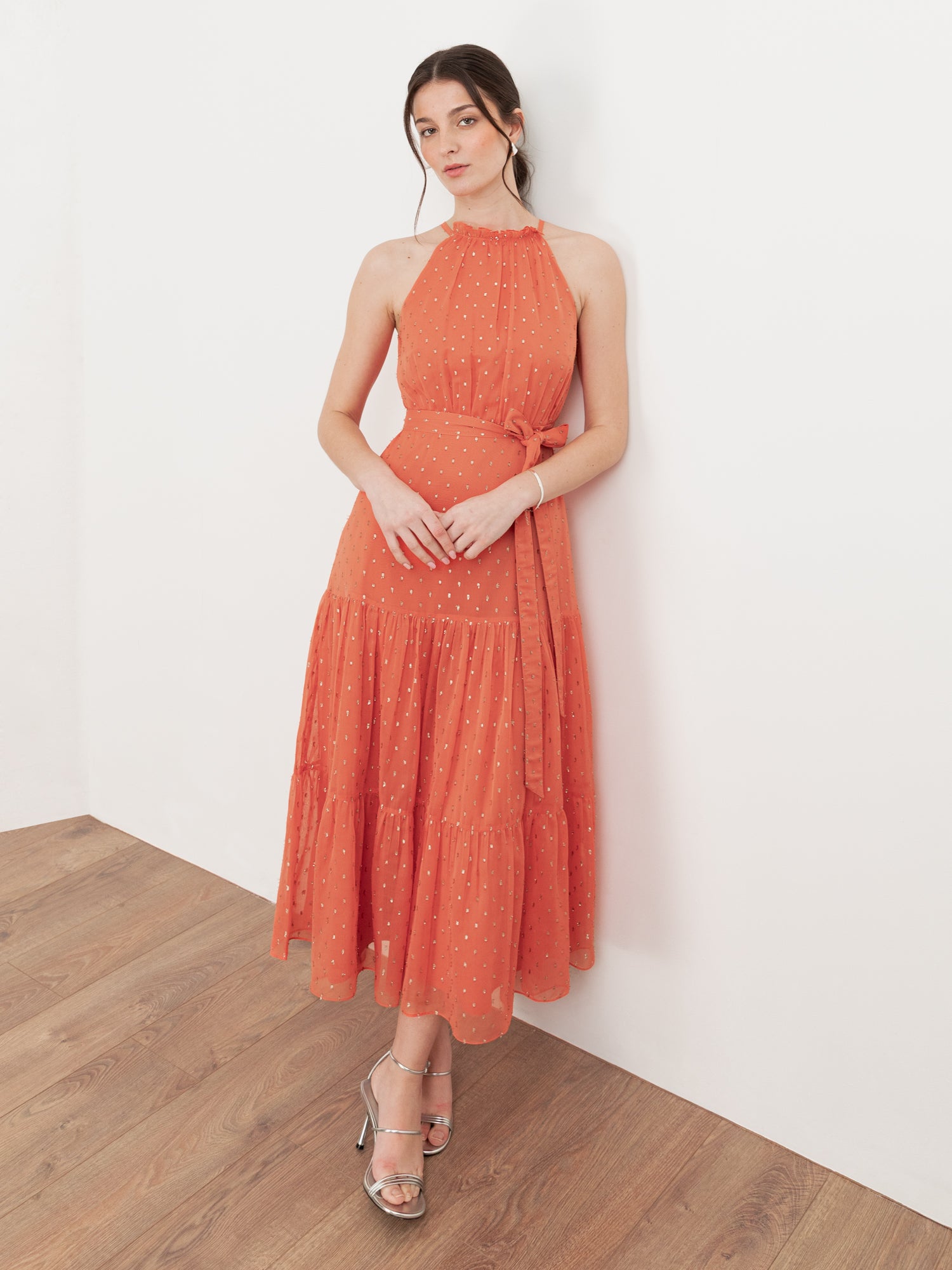 Anaya With Love Recycled Coral Halter Neck Tiered Midi Dress